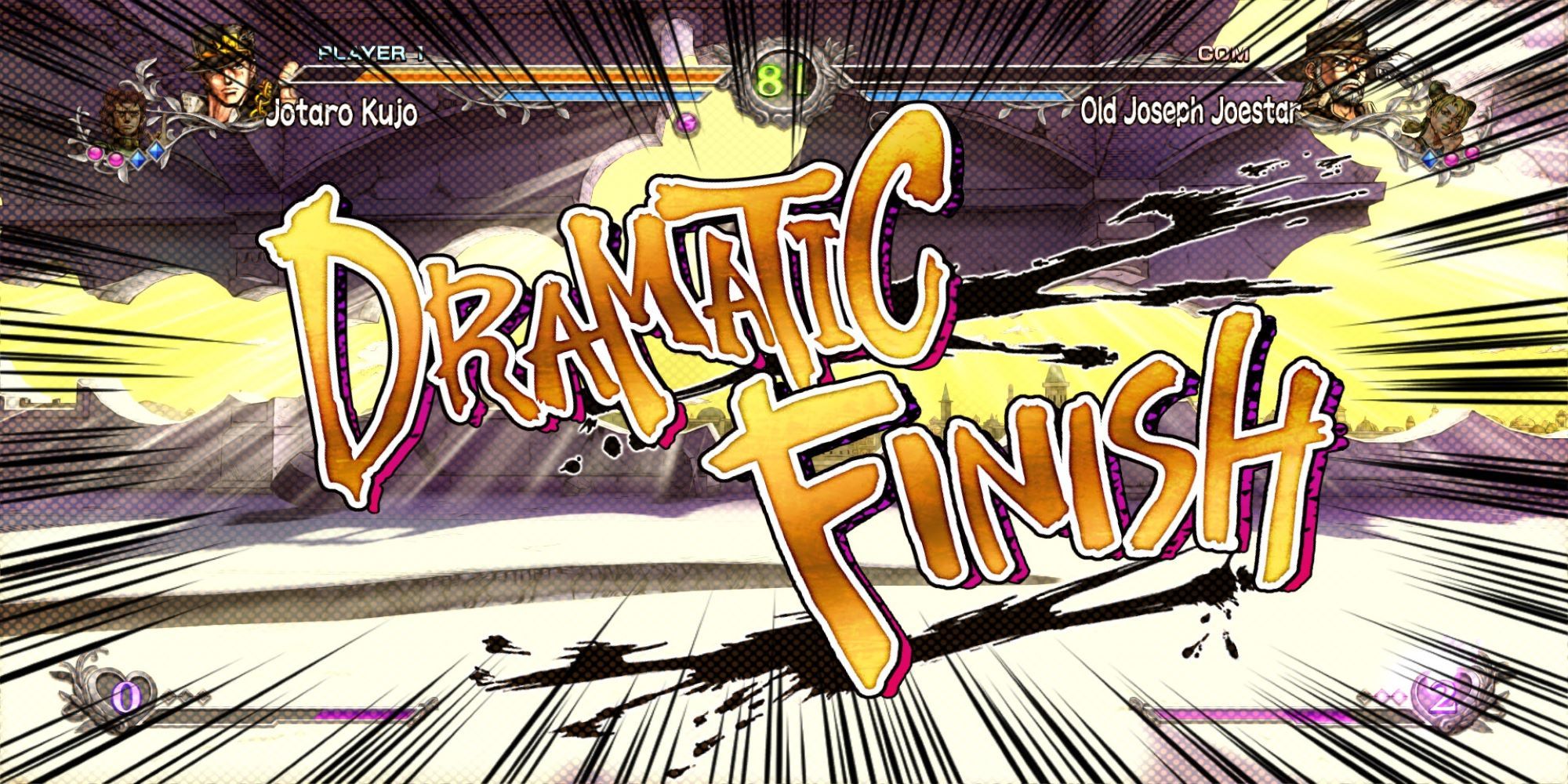 A logo indicates a Dramatic Finish upon winning a battle in JoJo's Bizarre Adventure ASBR.