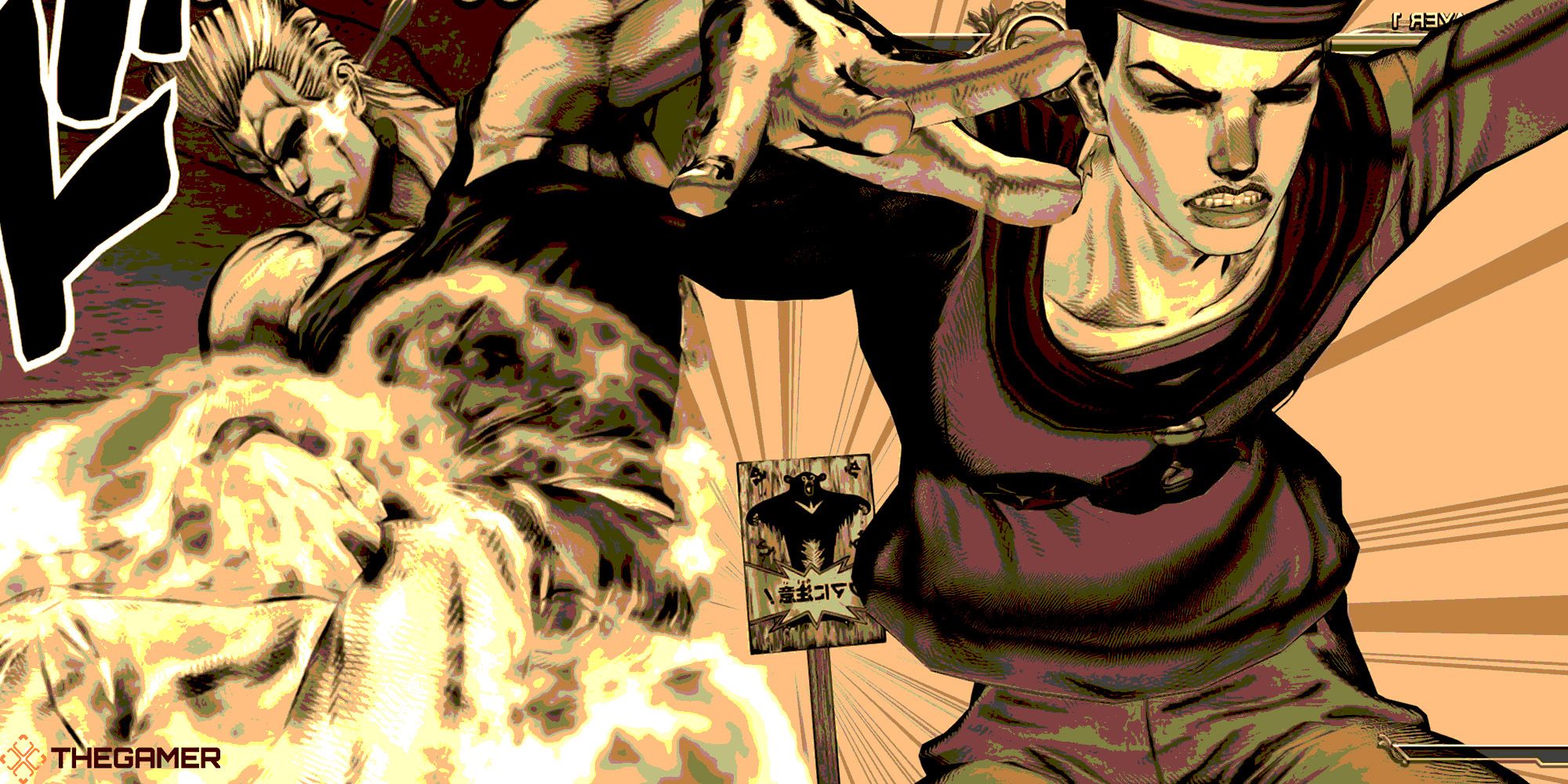 A sepia-toned image with Polnareff crushed into a water tower on the right and Josuke (8) getting hurled into a sign on the left. Custom image for JoJo's Bizarre Adventure: ASBR.