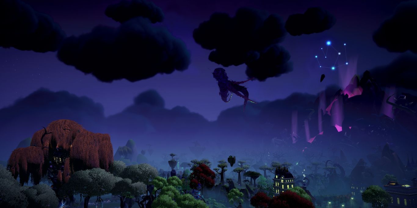 Mother Gothel Cutscene With a curse falling upon a forest in Disney Dreamlight Valley.