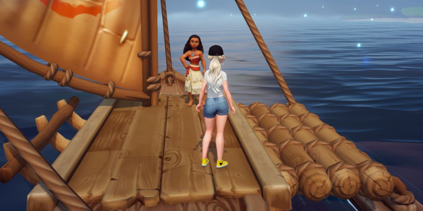 Main character traveling on a raft in the sea with Moana in Disney Dreamlight Valley.