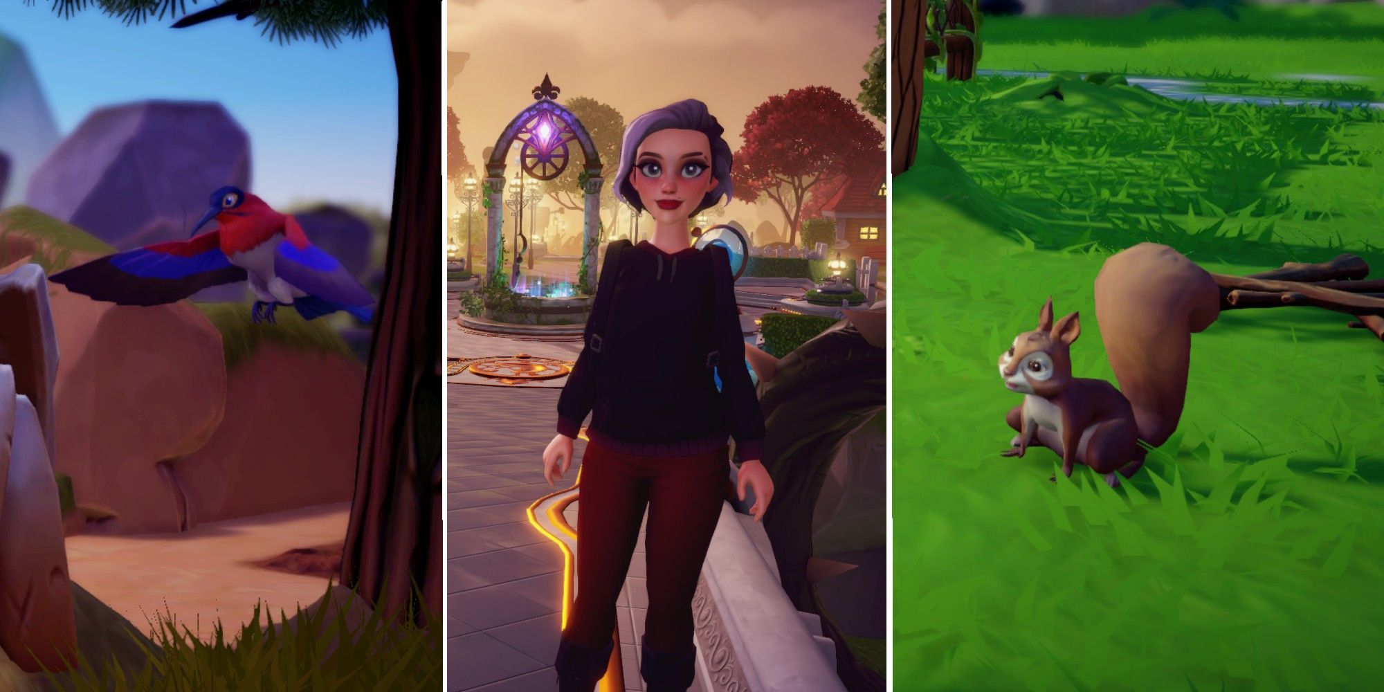 The Founder with a bird and a squirrel critter in Dreamlight Valley