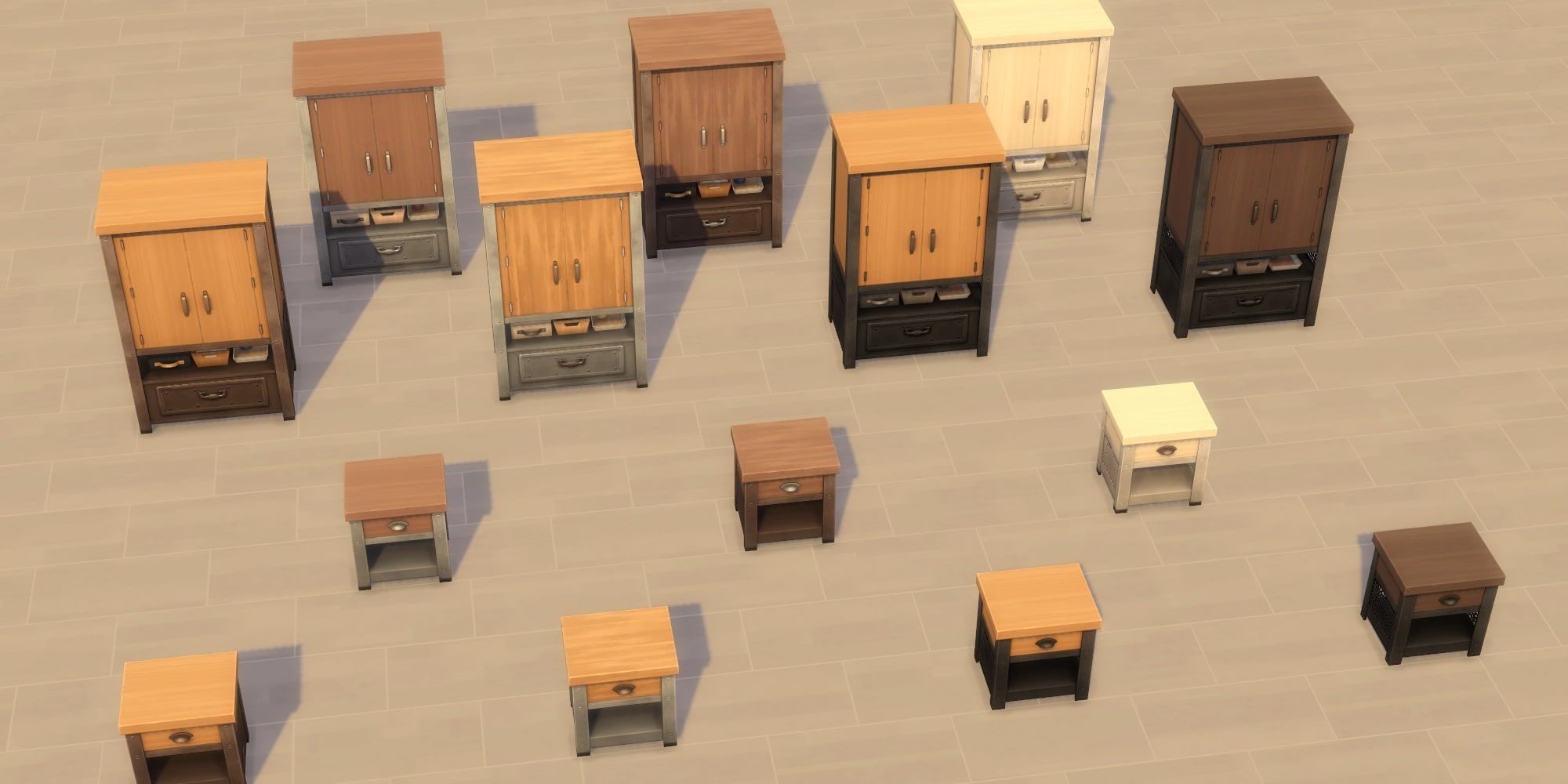 Sims 4: Industrial Loft Kit Dressers & Nightstands, all swatches in empty room