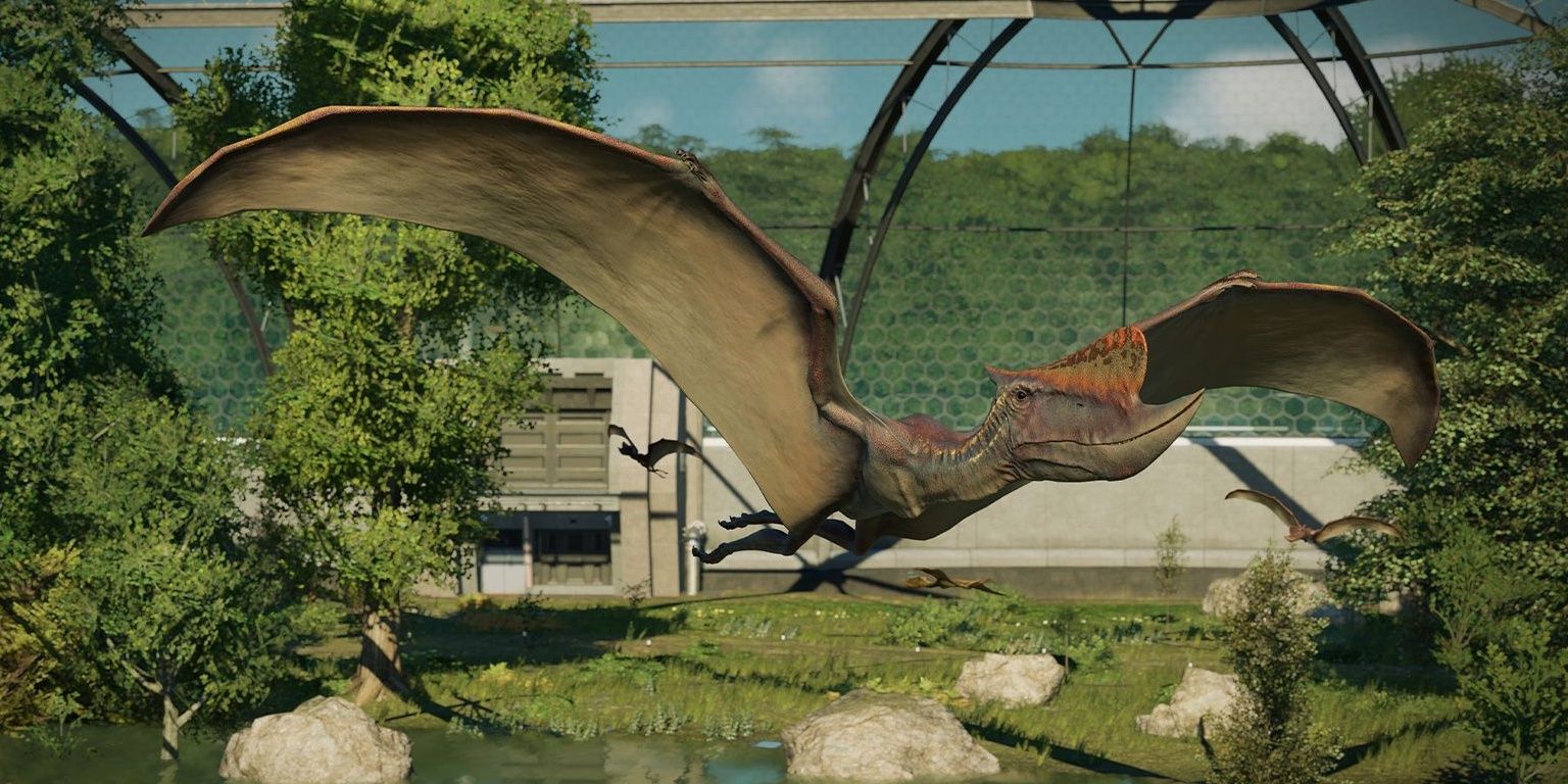 A Dsungaripterus flying in an enclosure in Jurassic World Evolution 2
