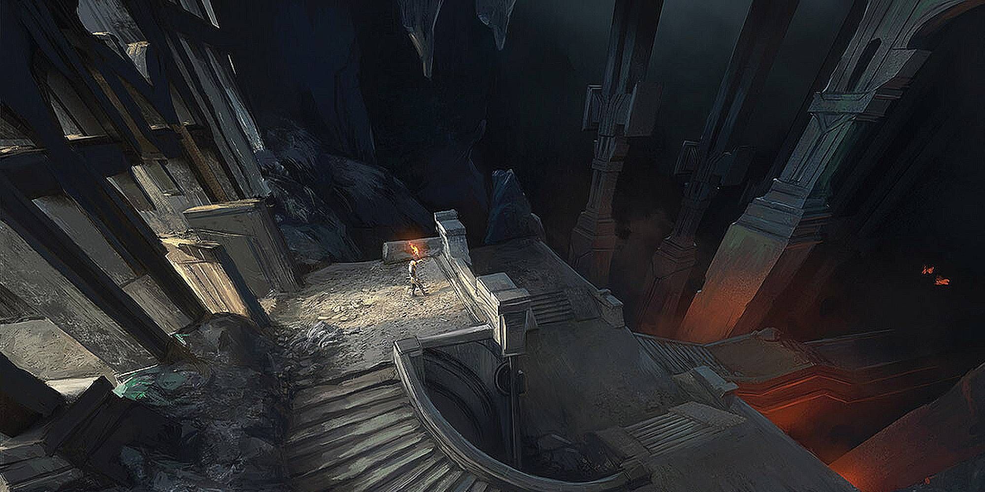 A lone figure holds a torch in a cavernous dark dungeon