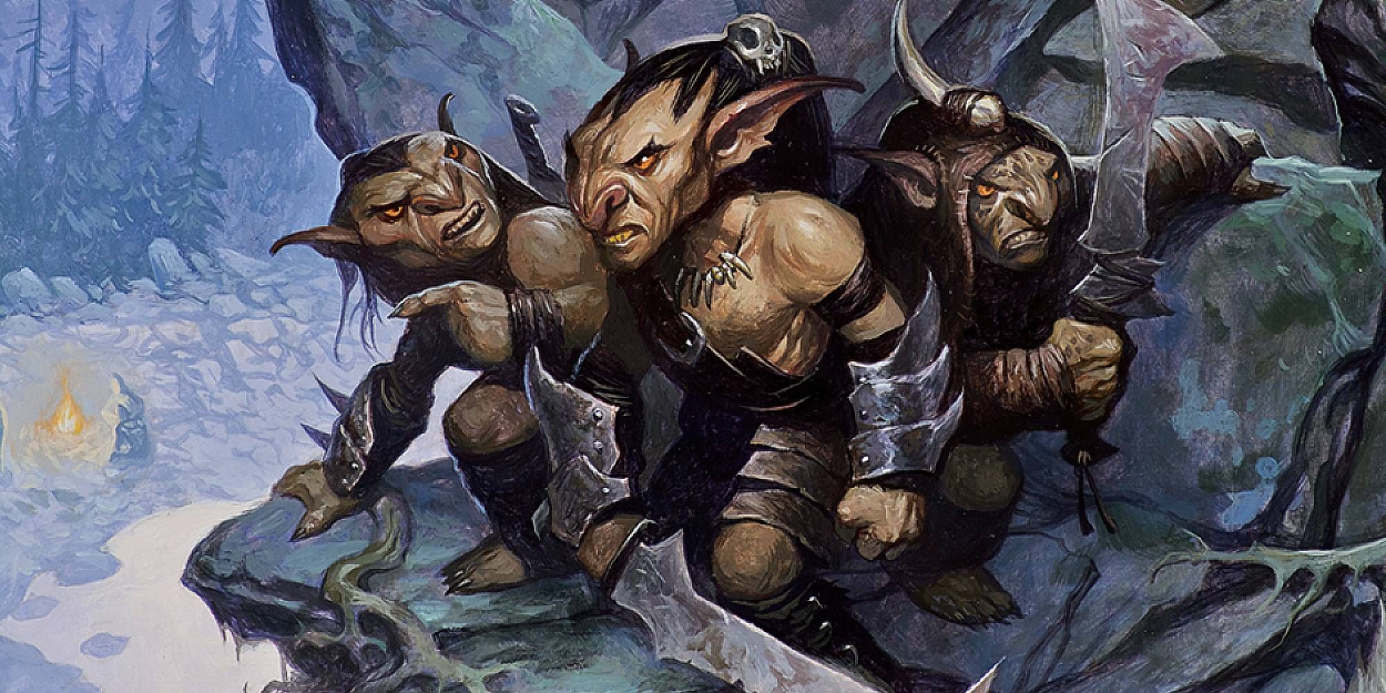 Three goblins stand on a rocky cliffside