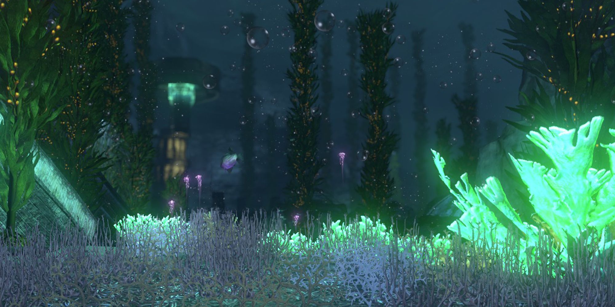 ESO Dungeon illuminated by bioluminous plants 