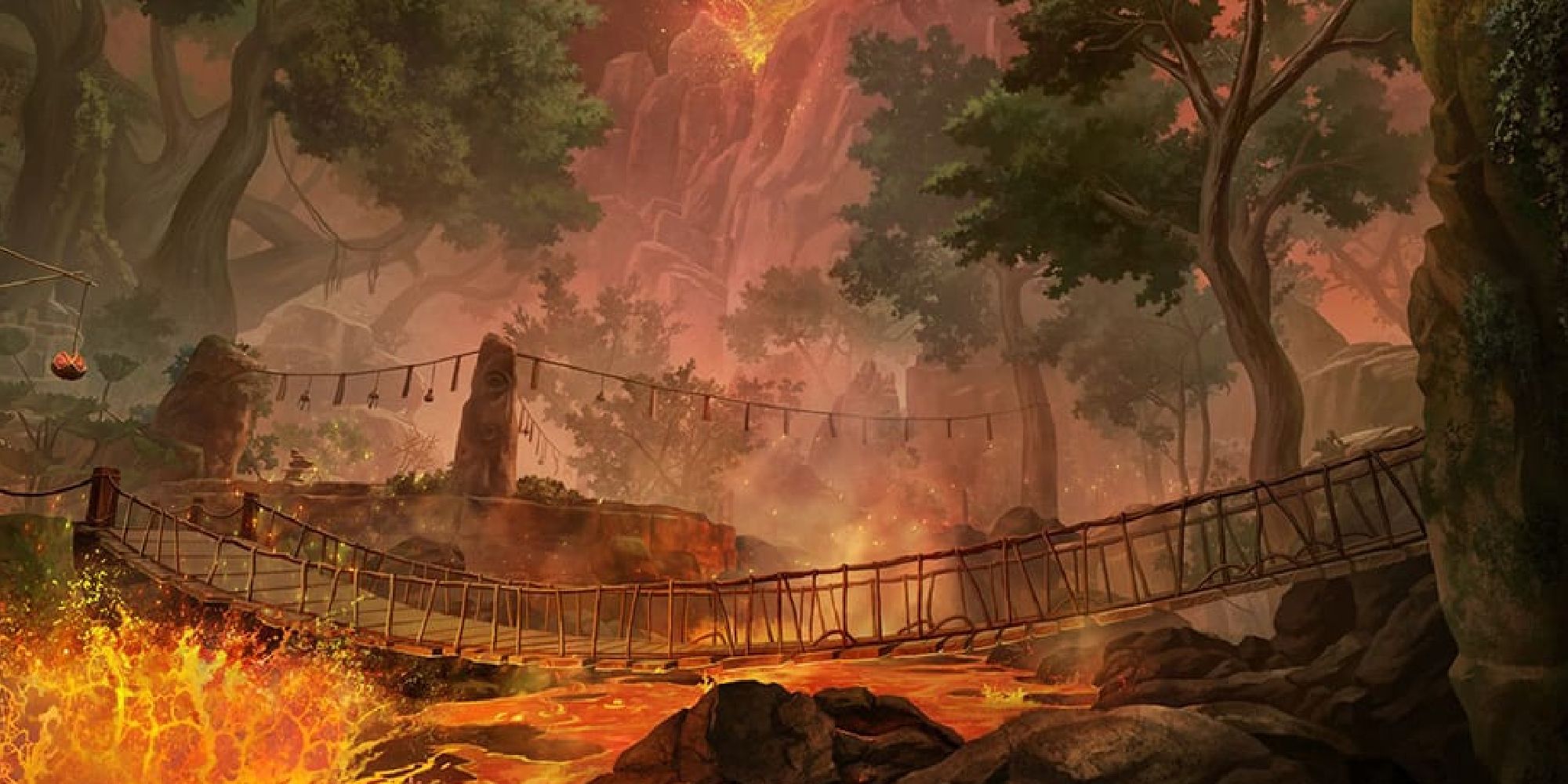 ESO Firesong cover art depicting rope bridge resting just above a river of lava