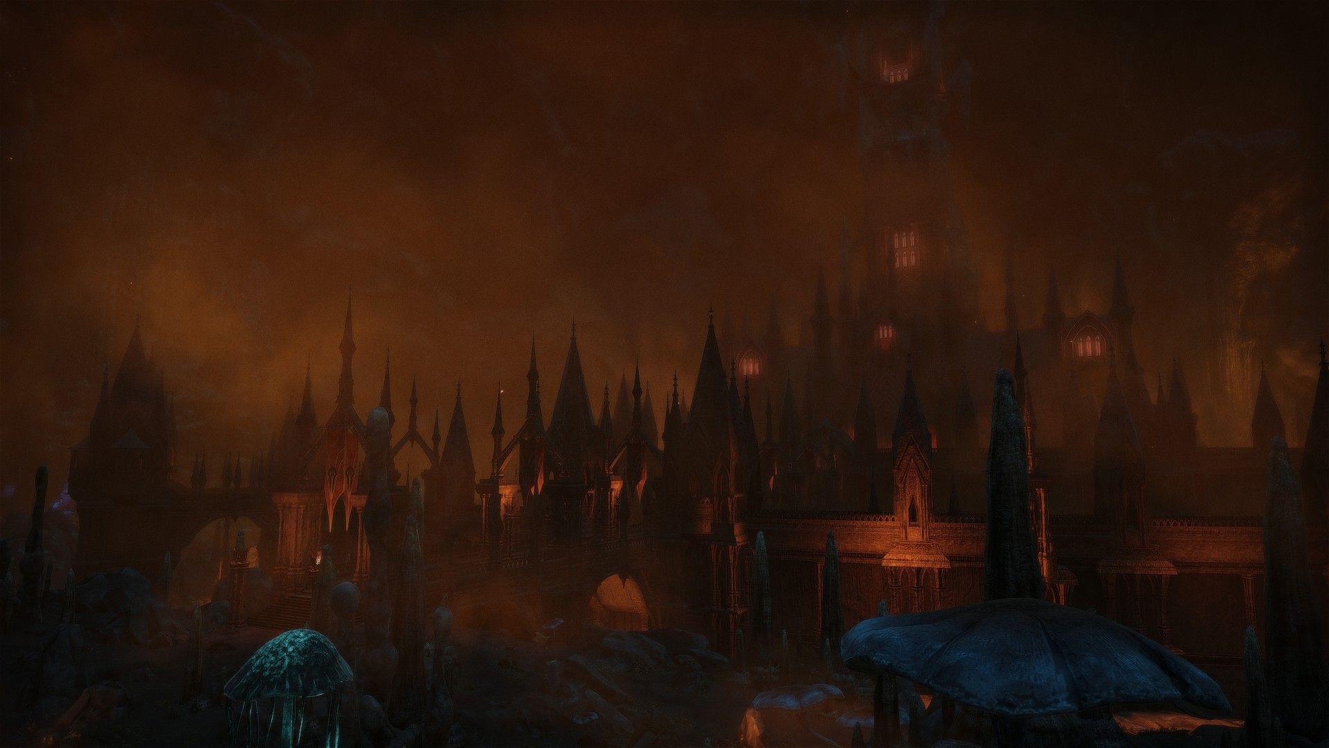 ESO gothic city below Solitude in Blackreach, clouded by orange fog