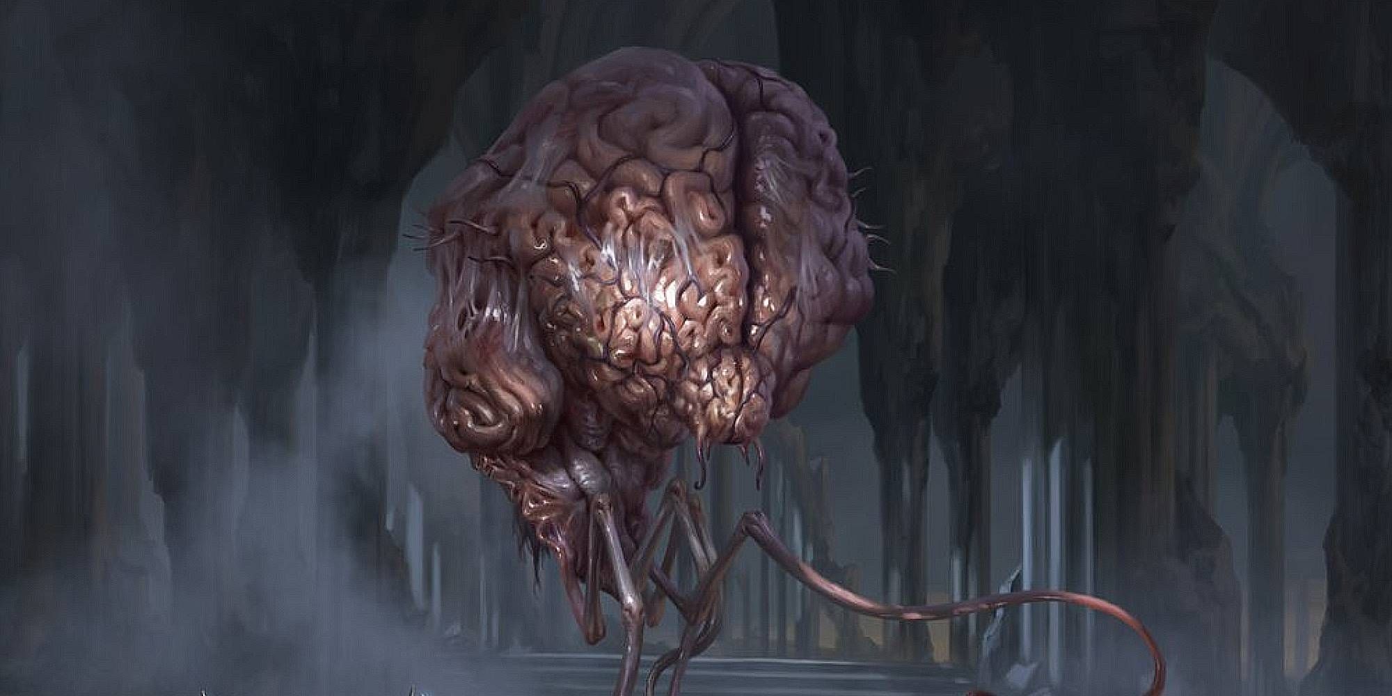 An Elder Brain floats in a dark cavern