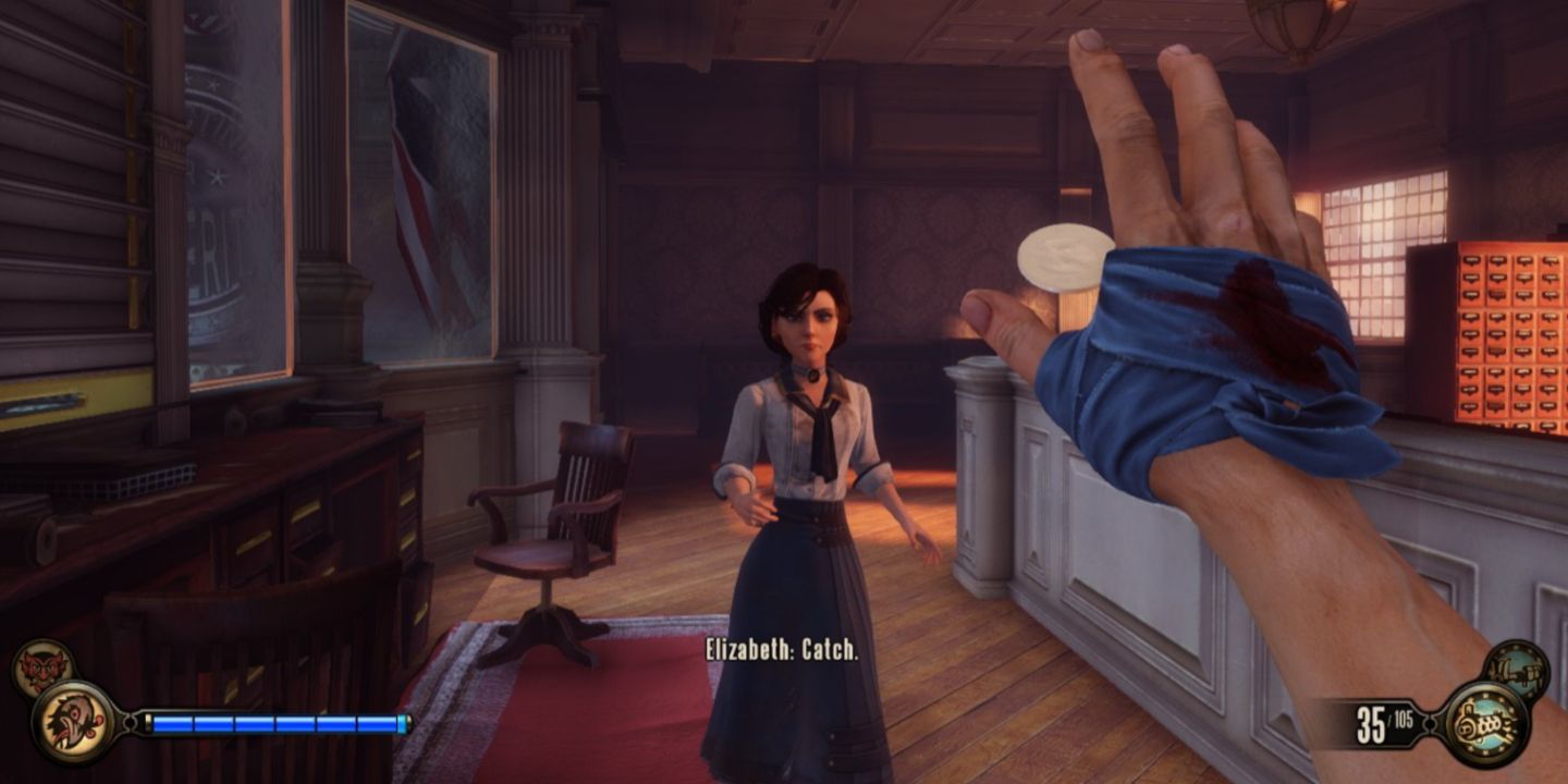 Elizabeth throwing Booker Dewitt a coin in Bioshock Infinite