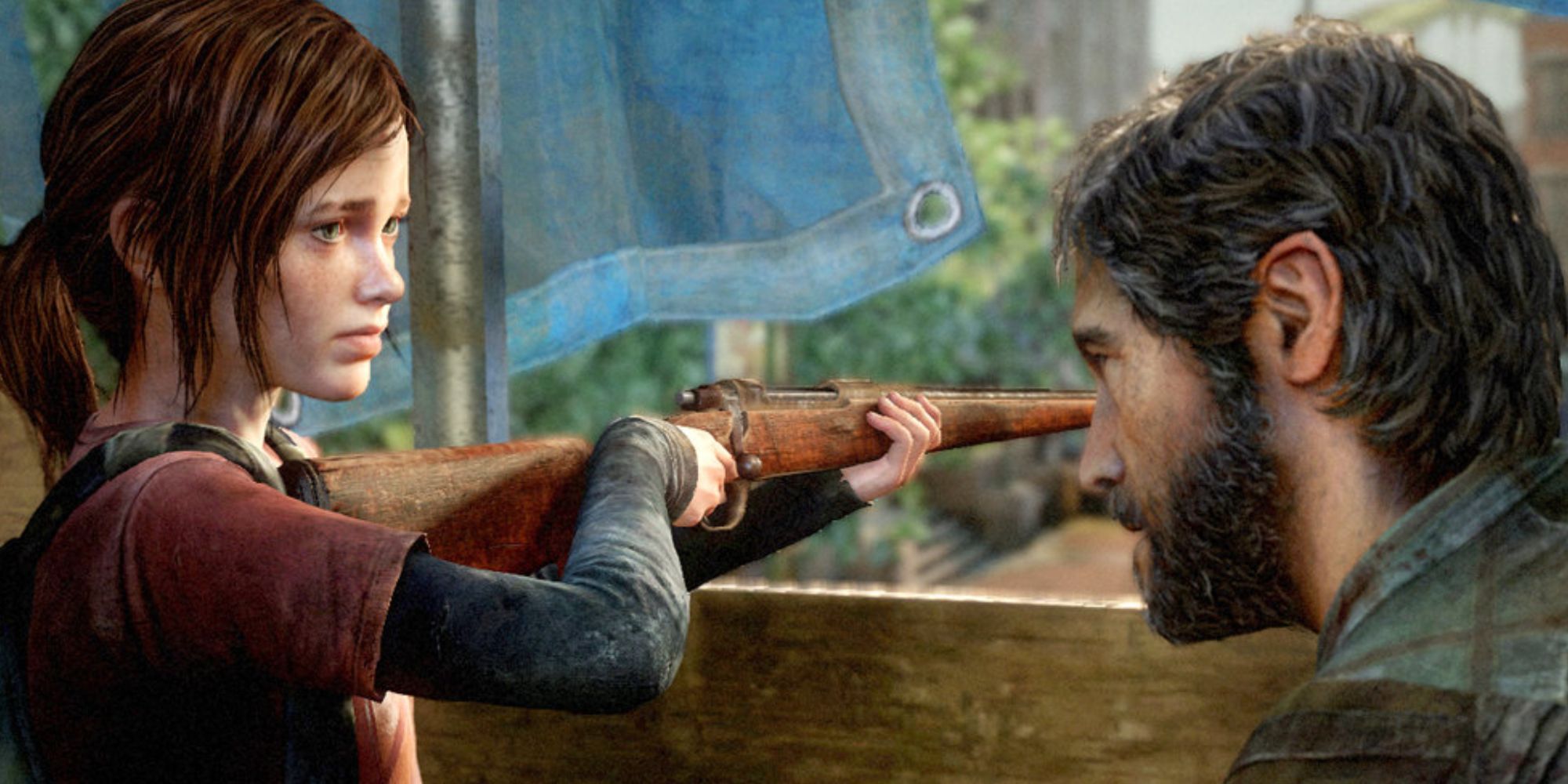 Joel looking at Ellie holding and pointing a rifle in The Last of Us