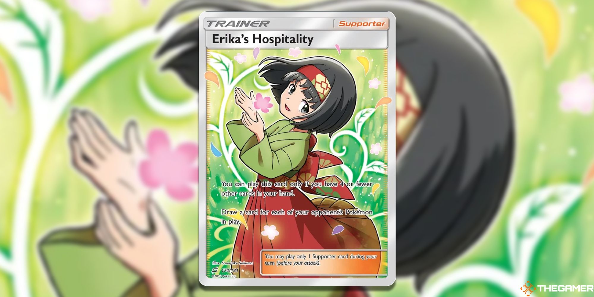 Pokemon TCG Full Art Erika's Hospitality from SM-Team Up with blurred background