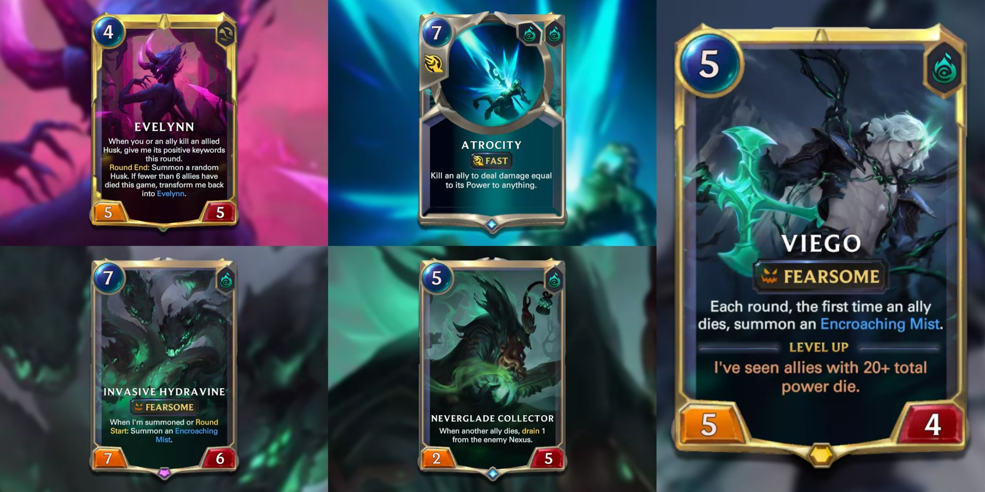 Legends of Runeterra Evelynn, Viego, Atrocity, Invasive Hydravine, Neverglade Collector cards