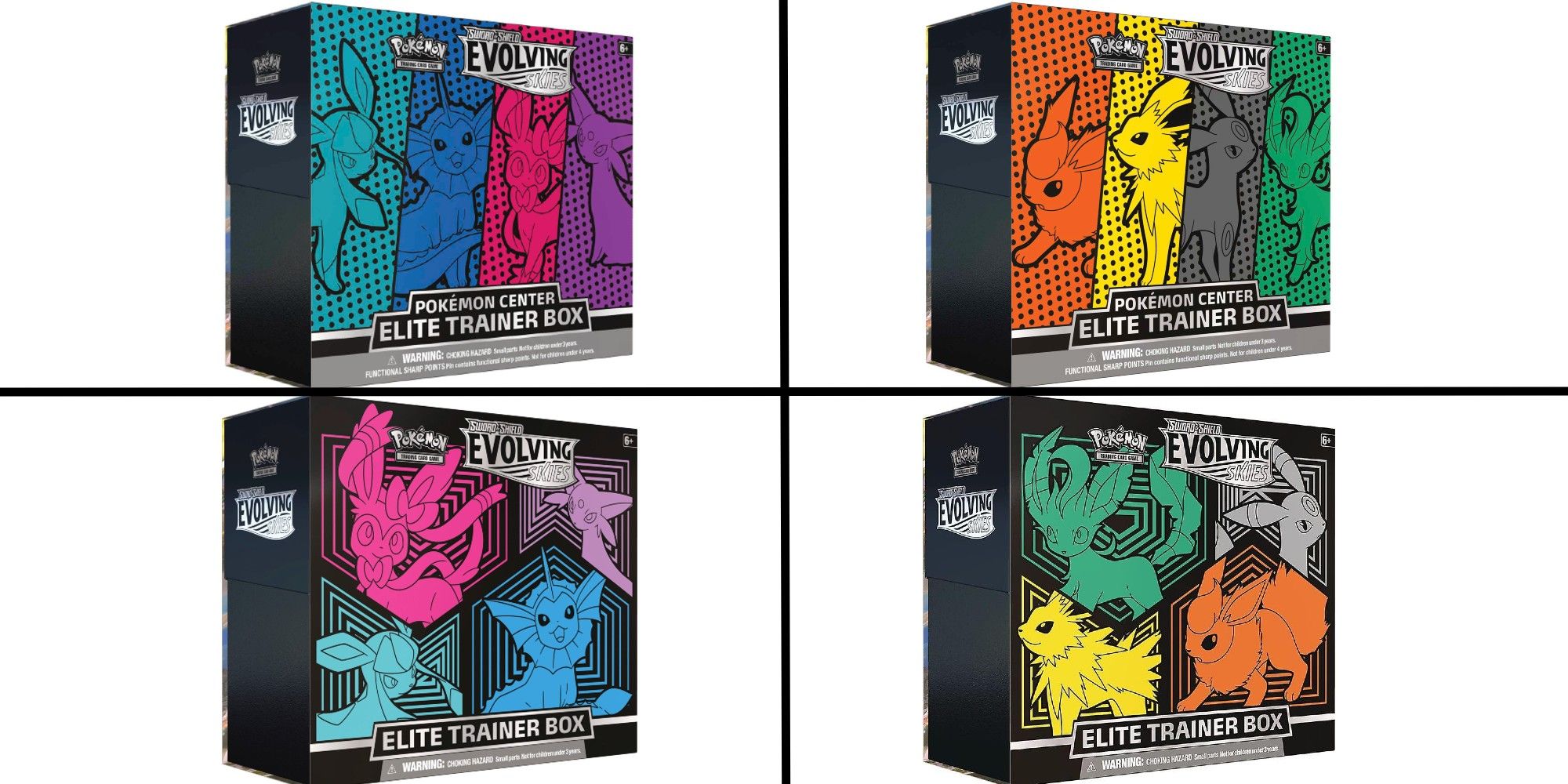 Evolving Skies Elite Trainer Boxes: All four boxes with with all the eeveelutions on them
