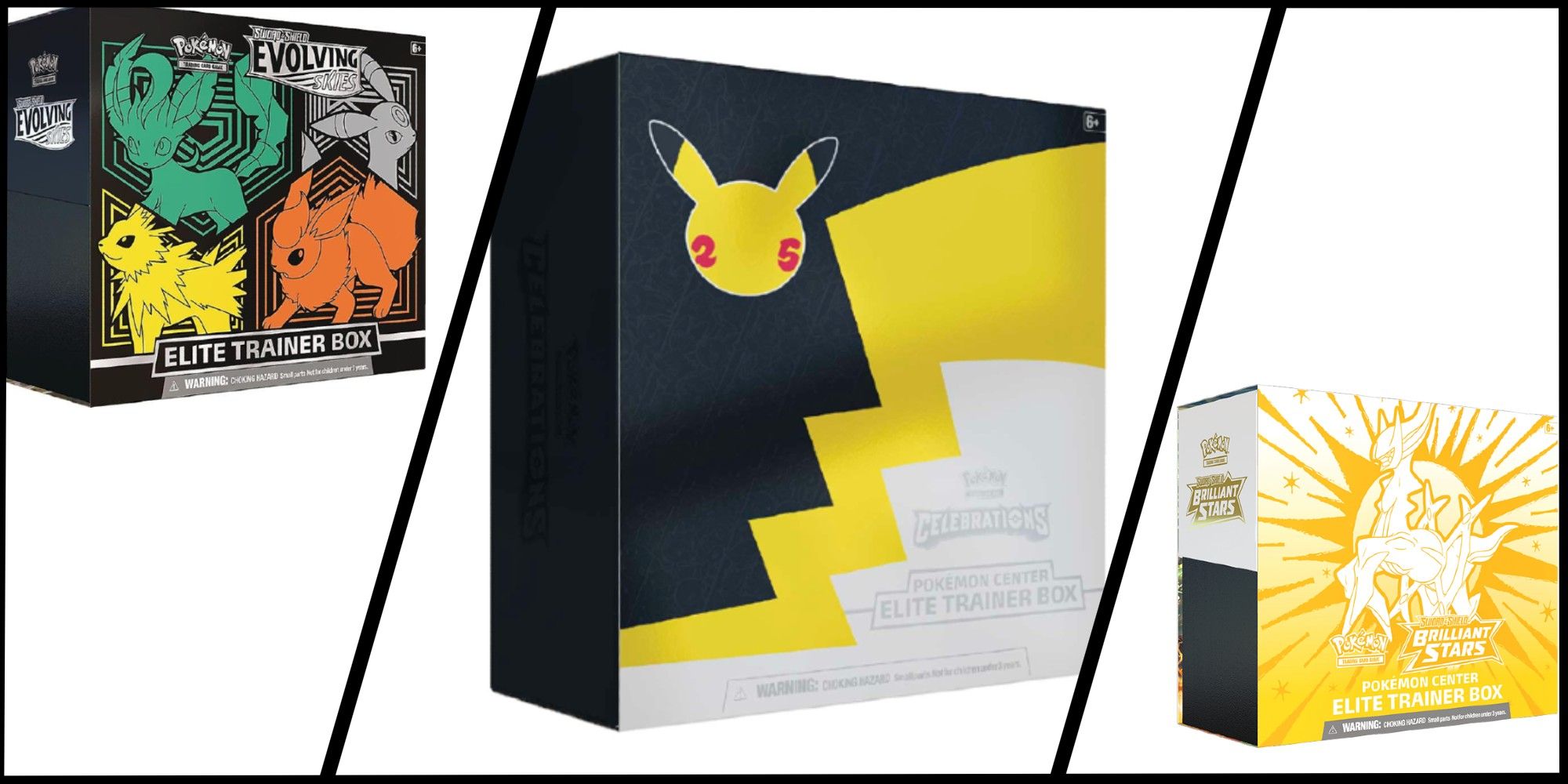 Best Elite Trainer Box Designs Feature Image: Evolving Skies on the left, 25th anniversary celebration in the middle, Brilliant Stars on the right