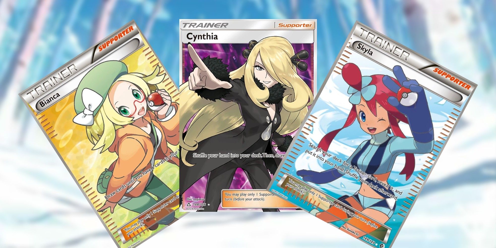 Pokemon TCG: The Most Valuable Full Art Trainer Cards Feature Image: featuring Bianca, Cynthia and Skyla