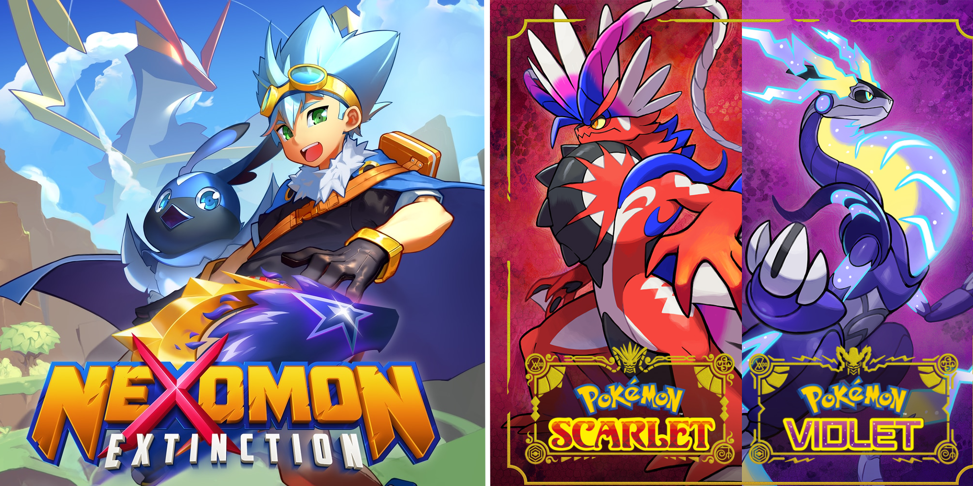 Differences Between Pokemon & Nexomon Feature Image: Nexomon Extinction cover on the left, Pokemon scarlet & violet covers on the right