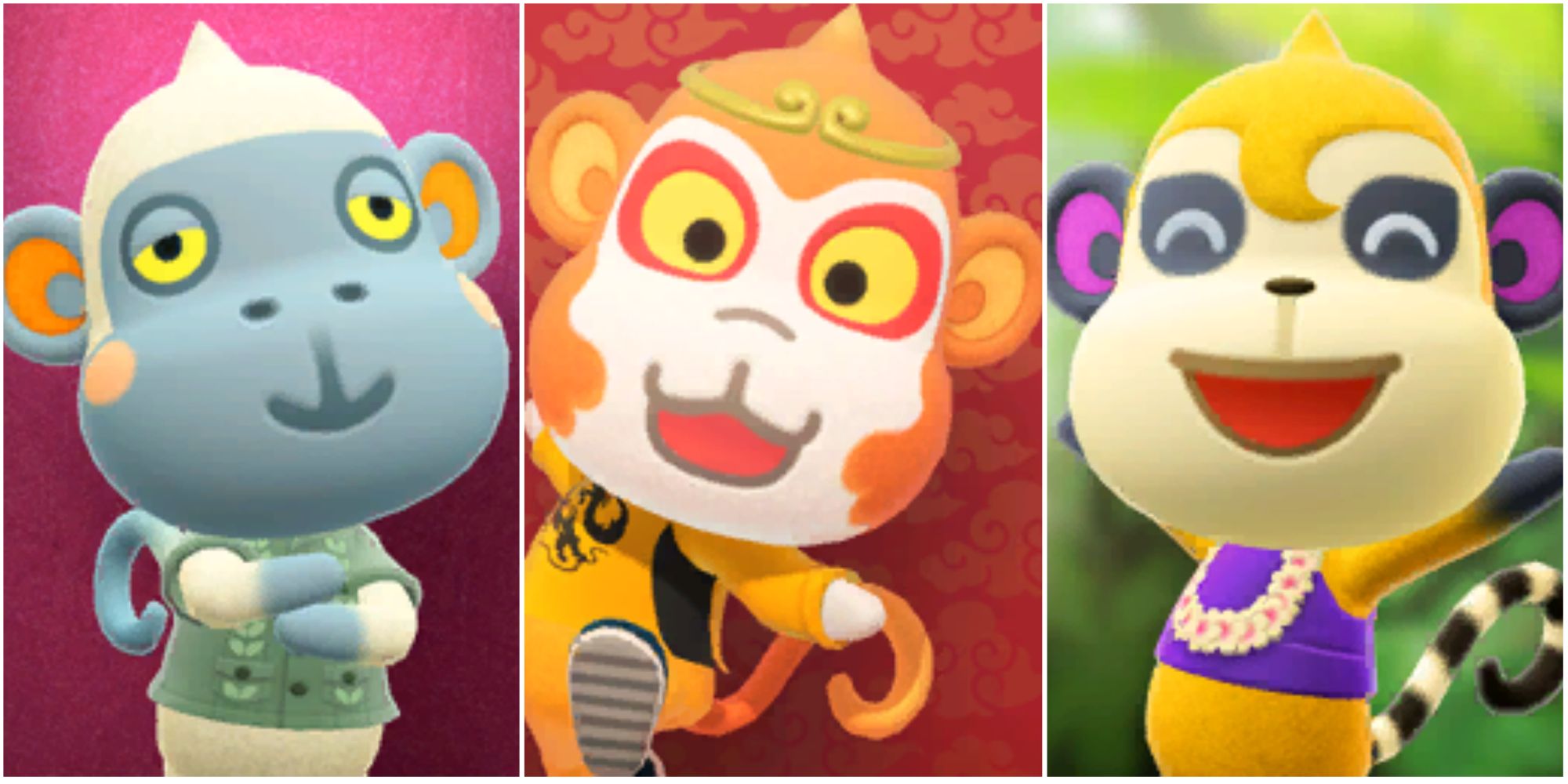 Split image screenshots of Monty, Tiansheng and Tammi in Animal Crossing New Horizons.