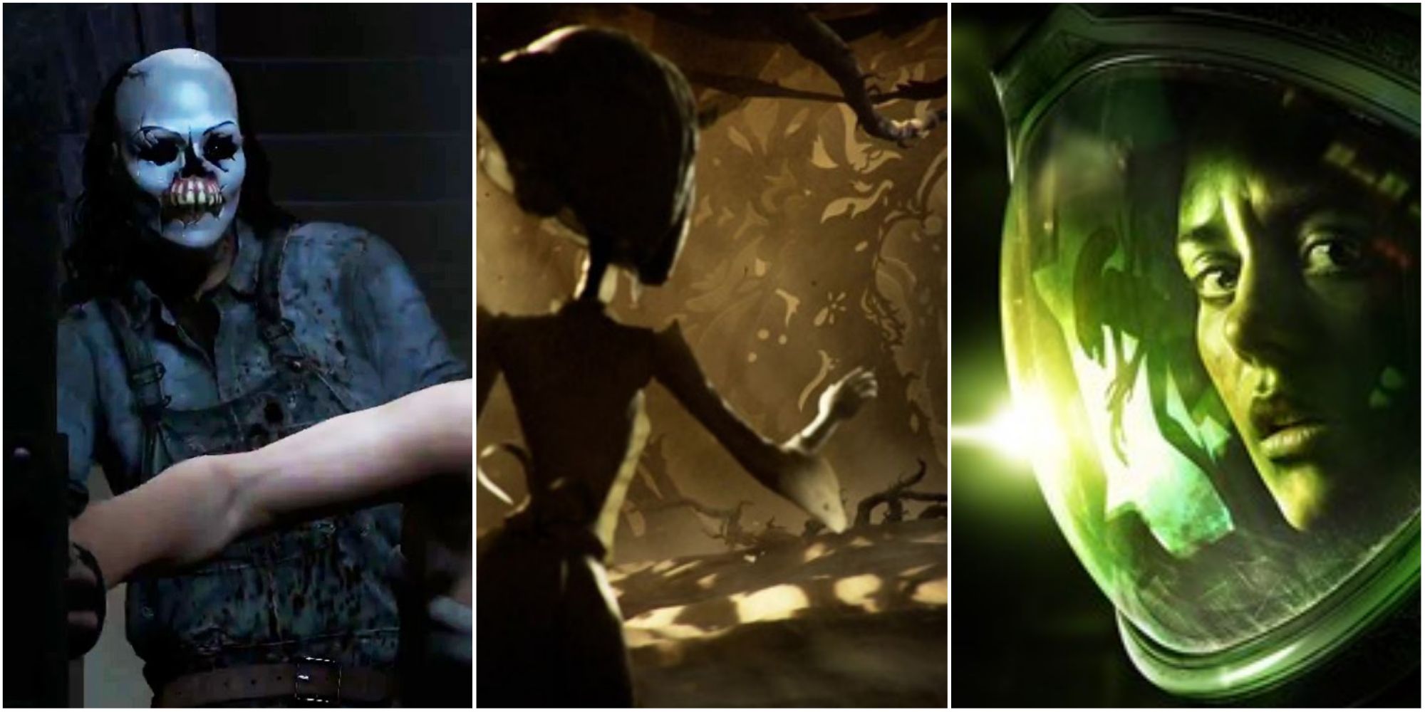 Split image screenshots of Until Dawn, Resident Evil Village, and Alien: Isolation.