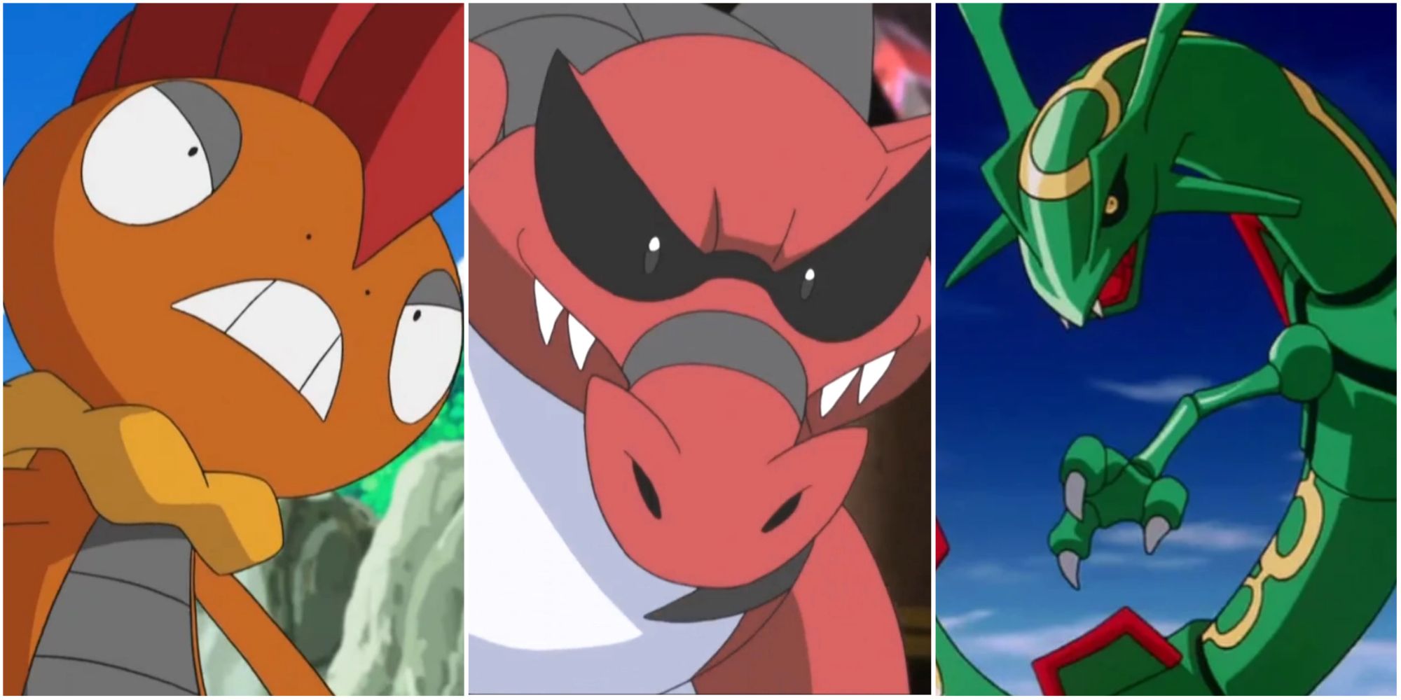 Split image screenshots of Scrafty, Krookodile and Rayquaza.