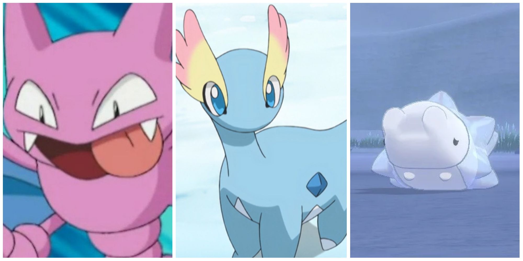 Split image screenshots of Gligar, Amaura and Snom.