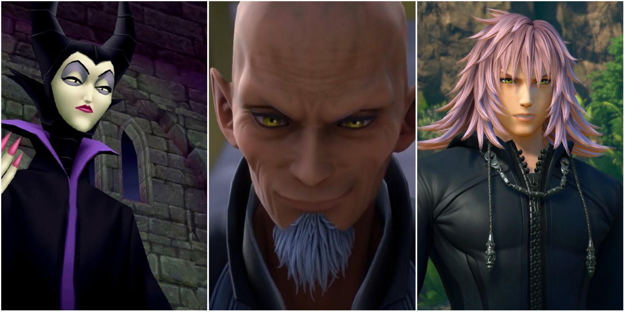 Split image screenshots of Maleficent, Xehanort and Marluxia in Kingdom Hearts.