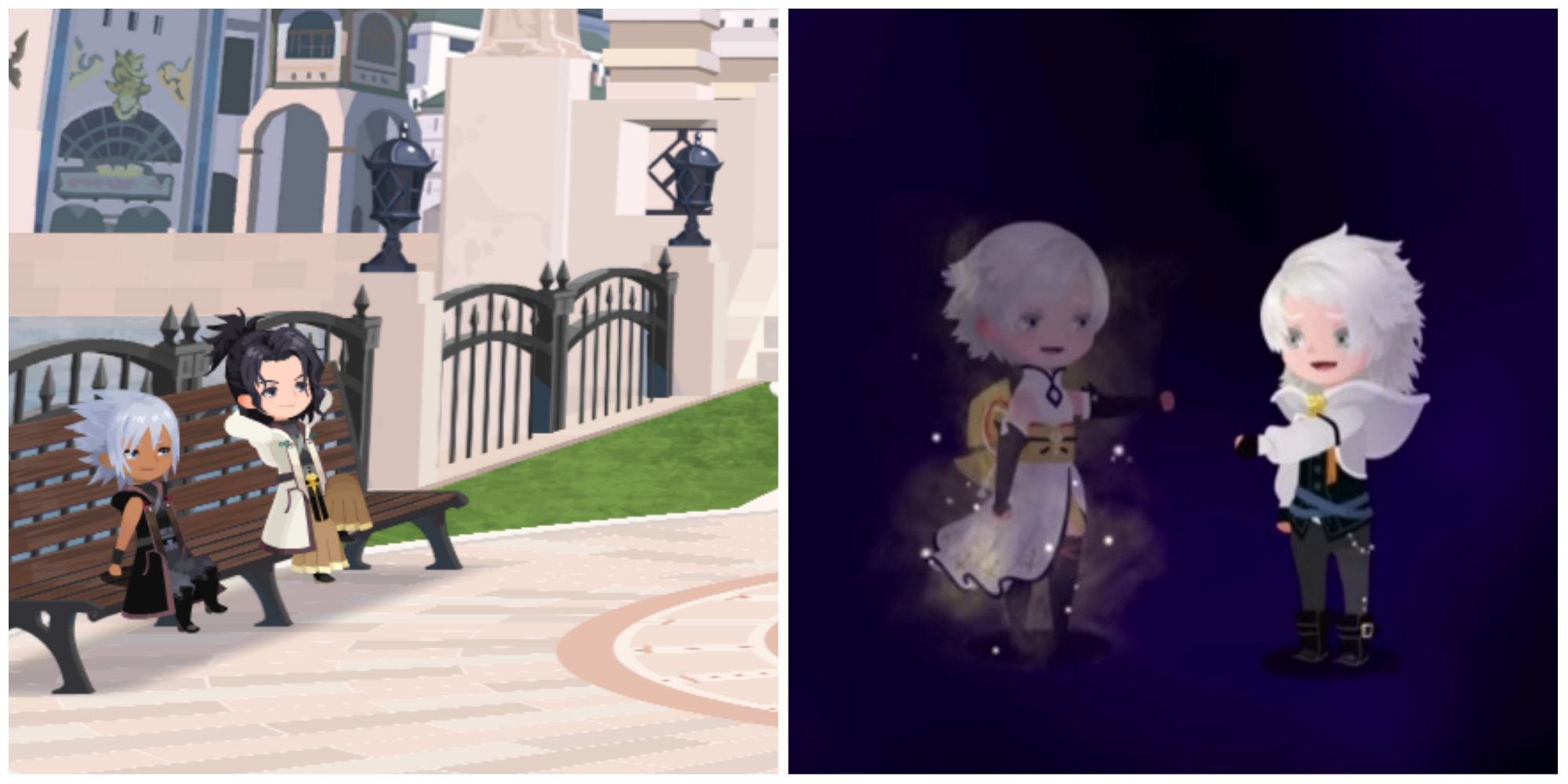 Split image screenshots of Xehanort and Eraqus sitting on a bench in Scala ad Caelum and Hoder and Balder reaching for each other.
