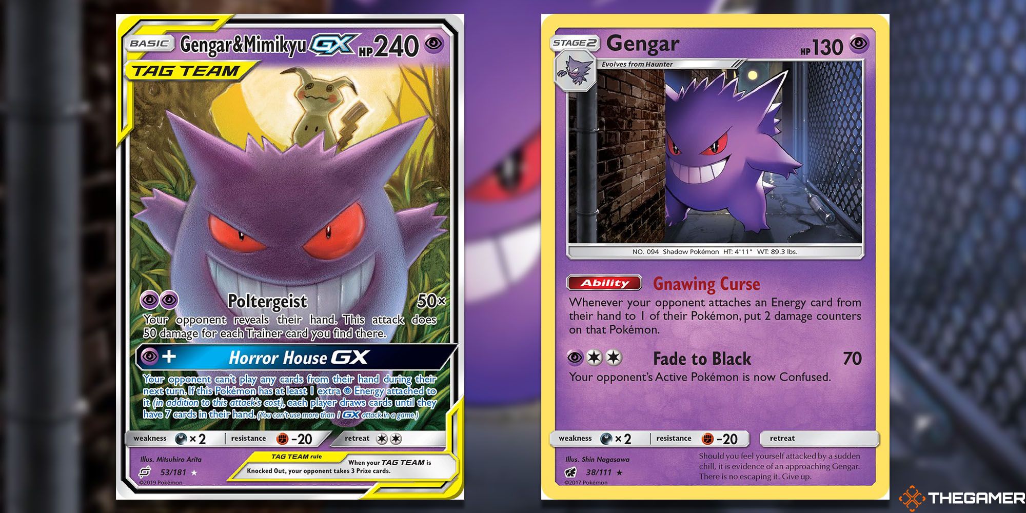 Split image screenshots of the Gengar & Mimikyu-GX (Team Up #53) and Gengar (Crimson Invasion #38) cards.