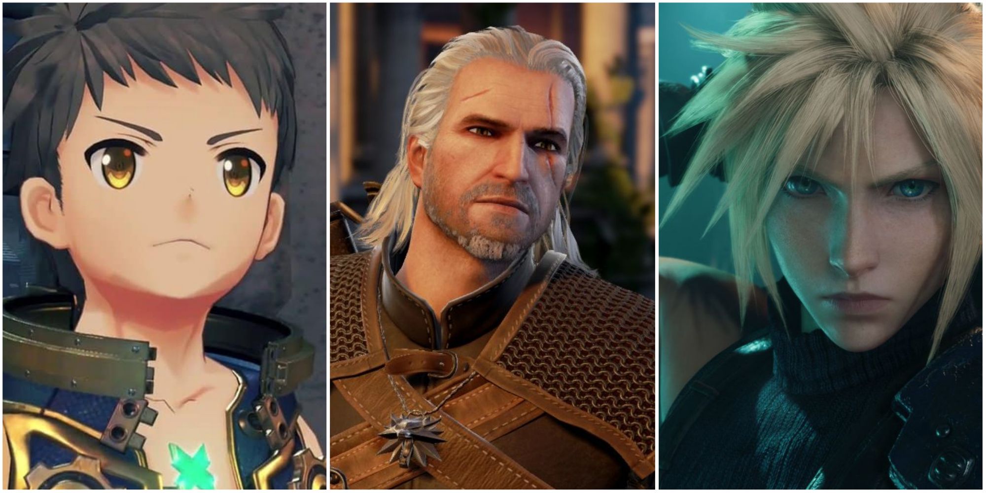 Split image screenshots of Rex in Xenoblade Chronicles 2, Geralt in The Witcher 3 and Cloud Strife in Final Fantasy 7.