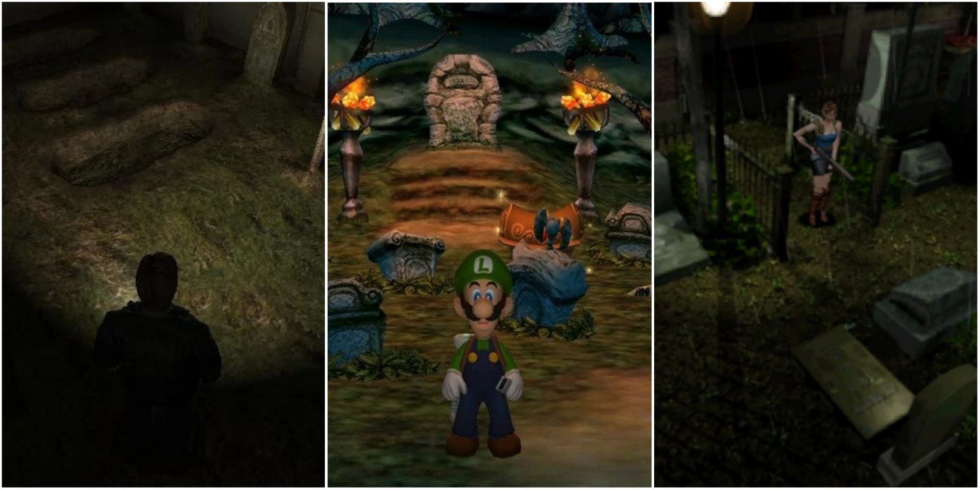 Split image screenshots of James in the underground graveyard in Silent Hill 2, Luigi in the graveyard in Luigi's Mansion and Jill in the graveyard in Resident Evil 3.