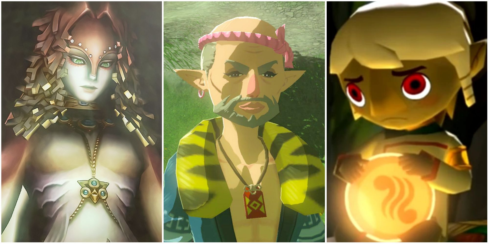 Split image screenshots of Rutela from Twilight Princess, Bolson from Breath of the Wild, and Komali from The Wind Waker.