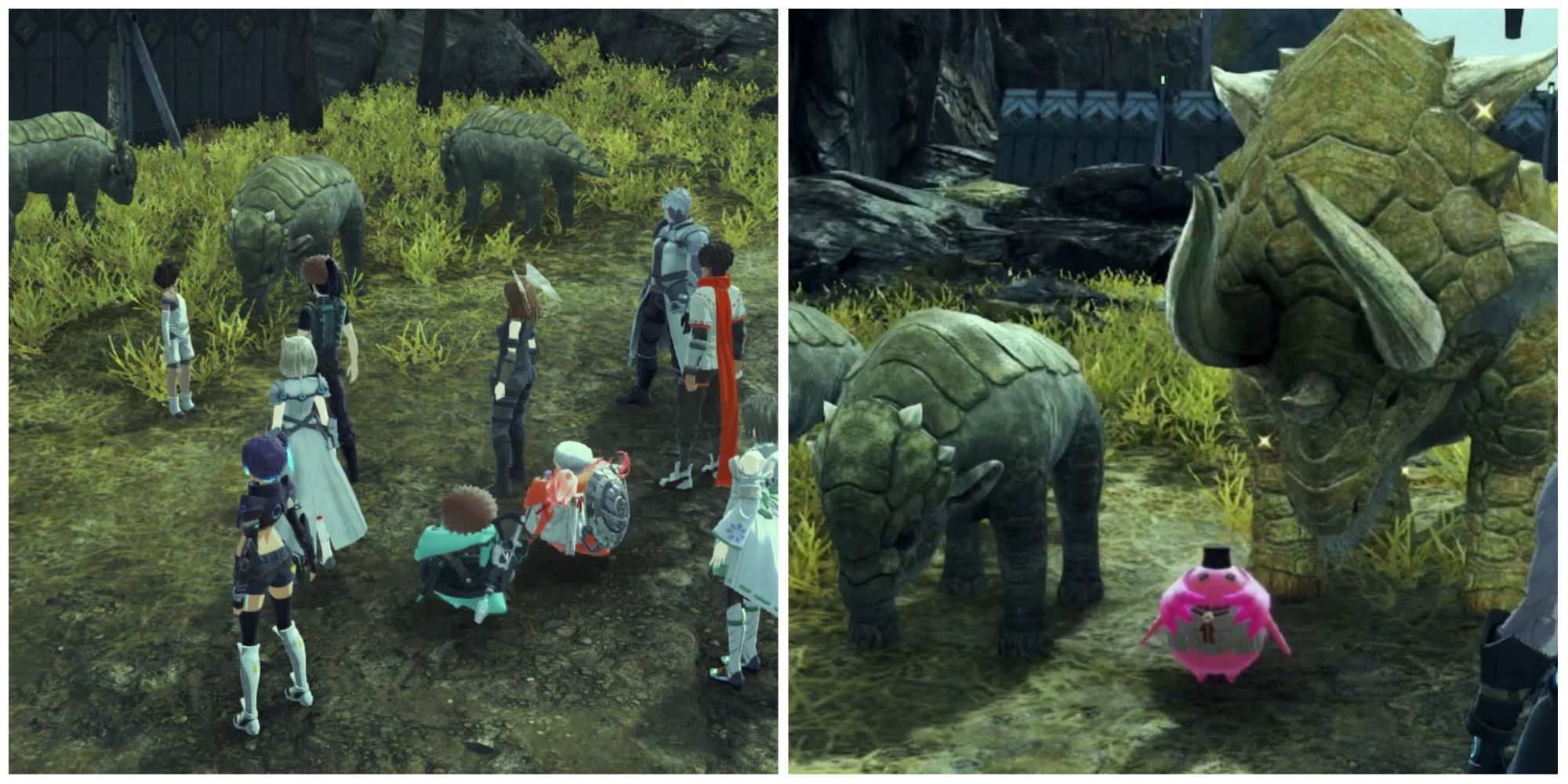 Split image screenshots of the party with baby Armu and the special Ardun in Xenoblade Chronicles 3.