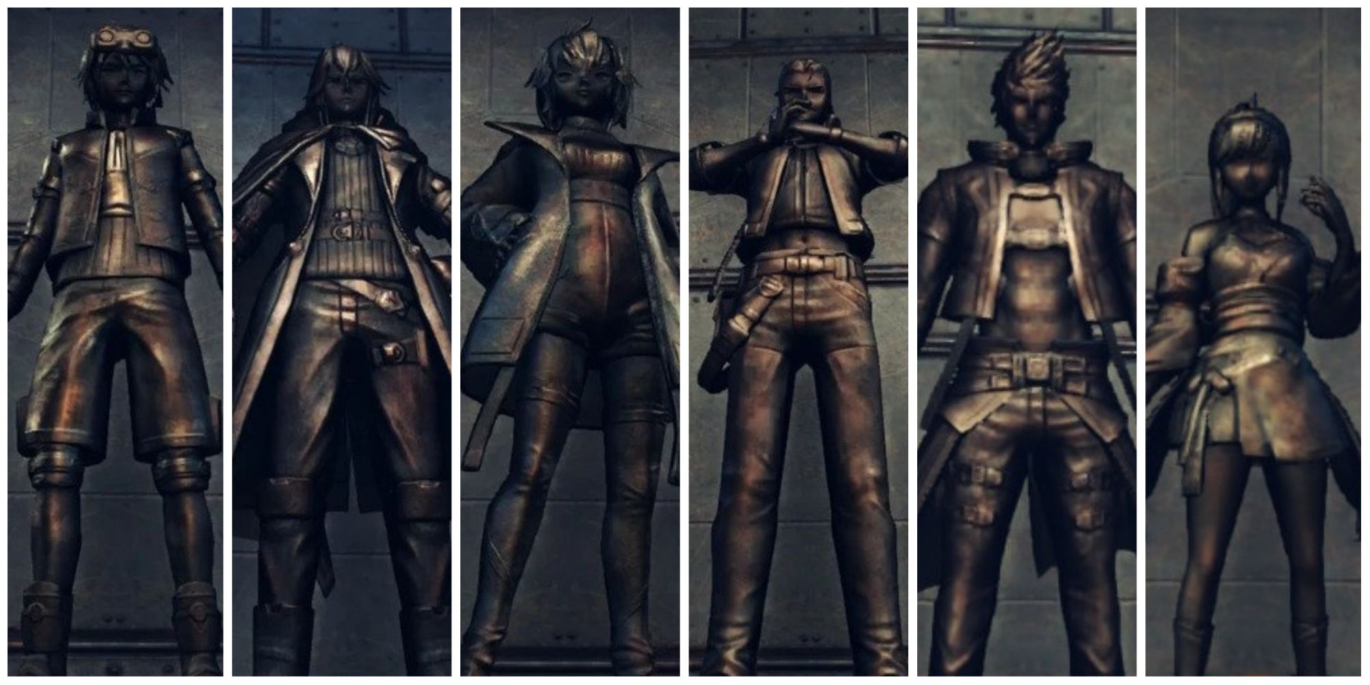 Split image screenshots of the six Founder statues in Xenoblade Chronicles 3.