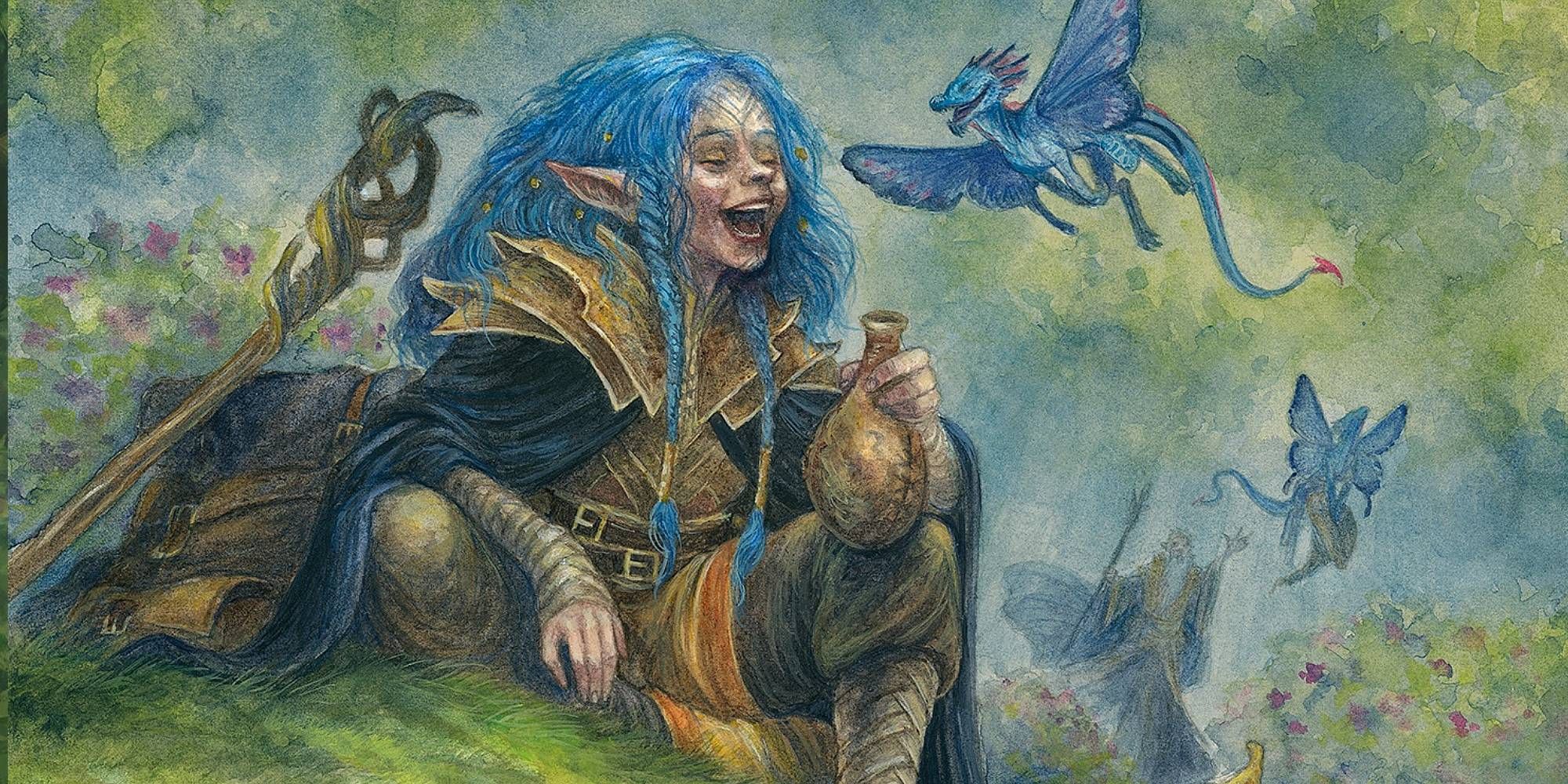 A blue haired gnome figure laughs as she leans on a green hill with blue dragon fairies flying around her
