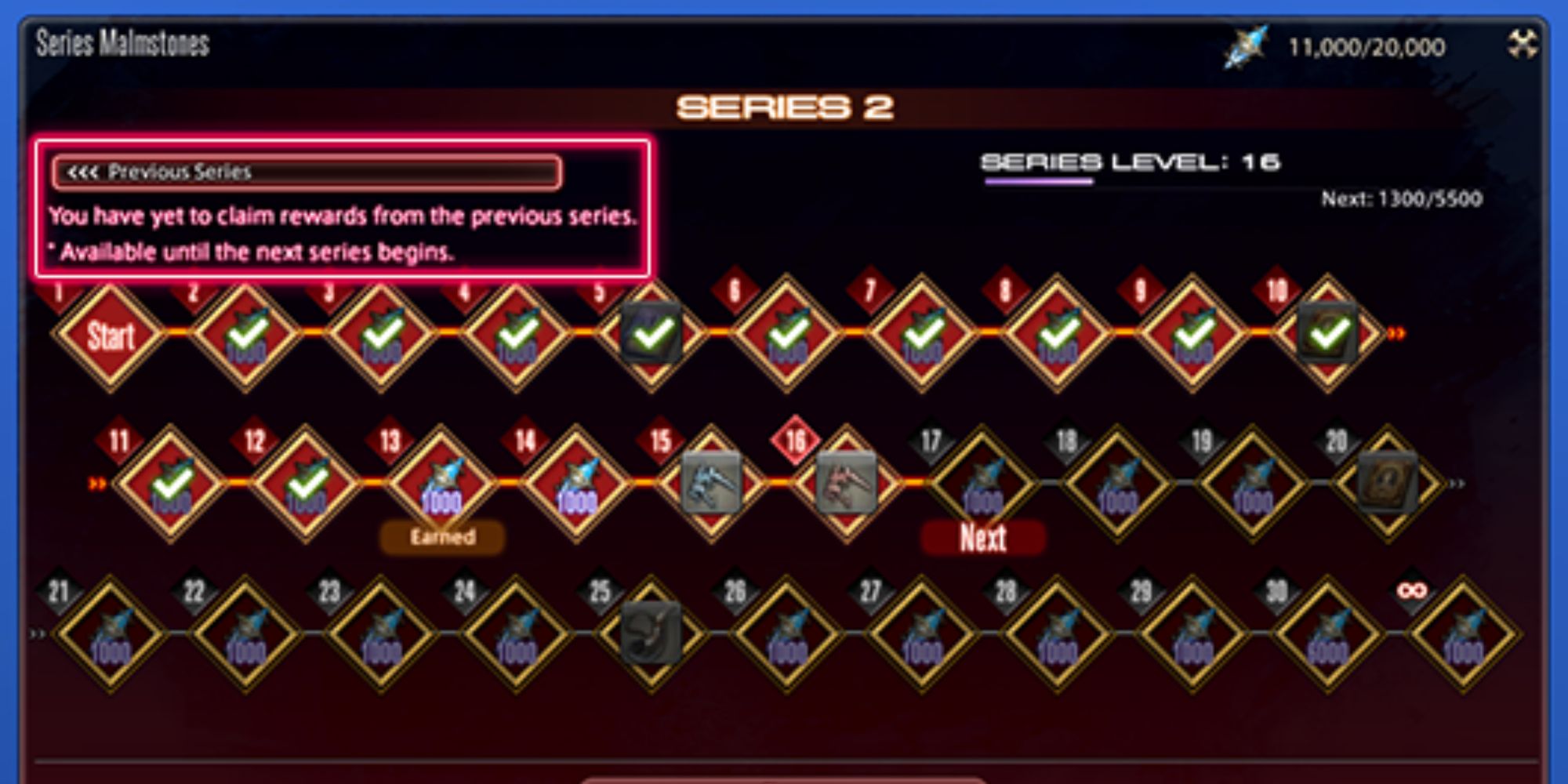 The Series Malmstone Menu. The boxed area highlights the button that allows you to access the Previous Series and claim previously earned, but unclaimed Items. This can be done every new PvP Series in Final Fantasy 14