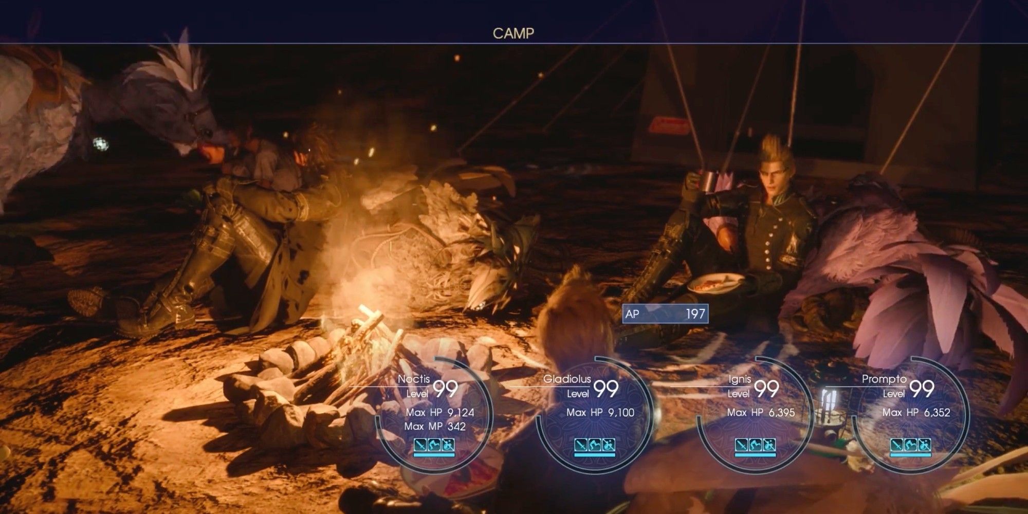 Final Fantasy 15 the boys leveling up at camp after a long day