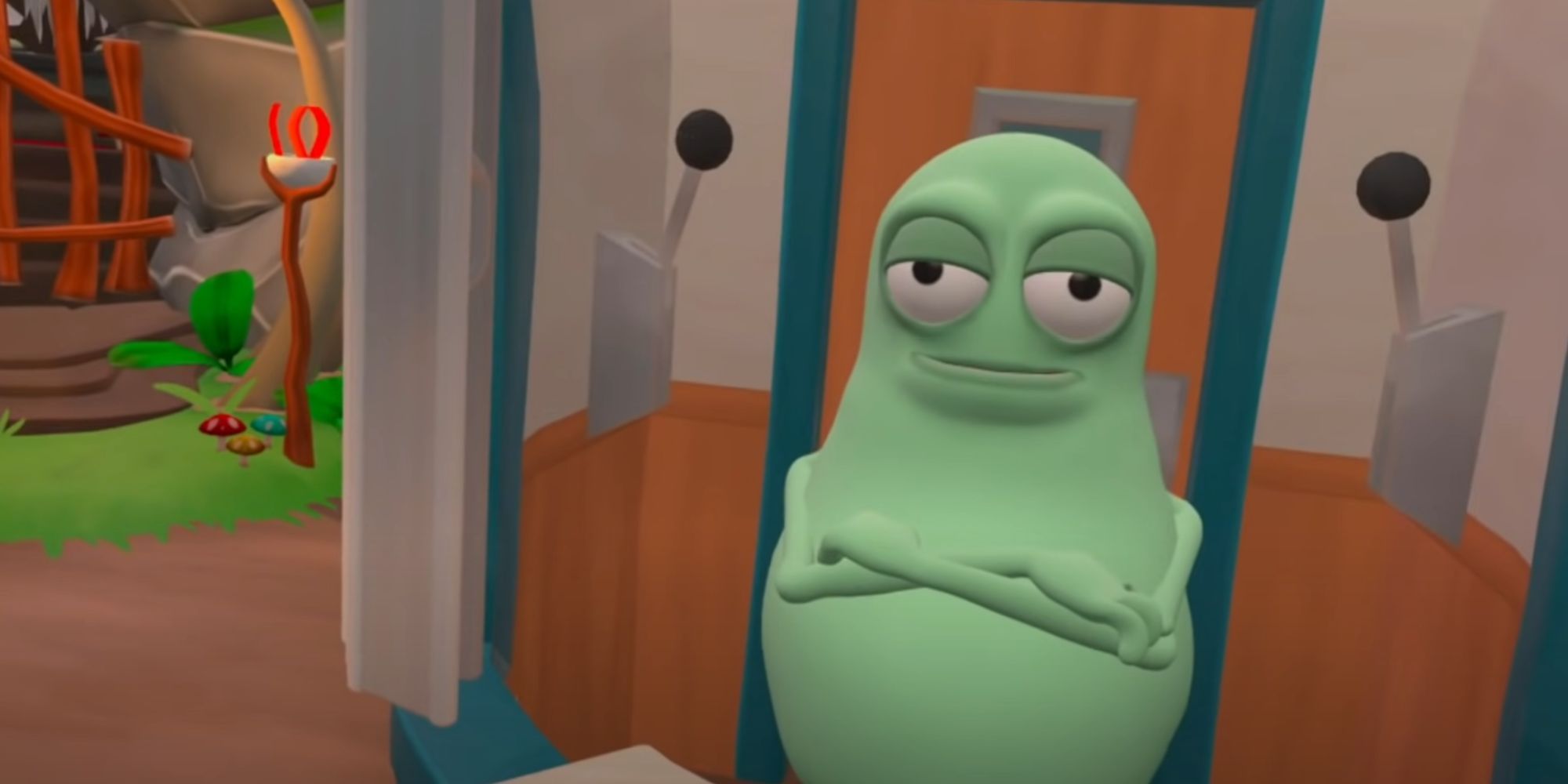 A grump-looking green blob stands next to a door and looks at your character in Floor Plan 2