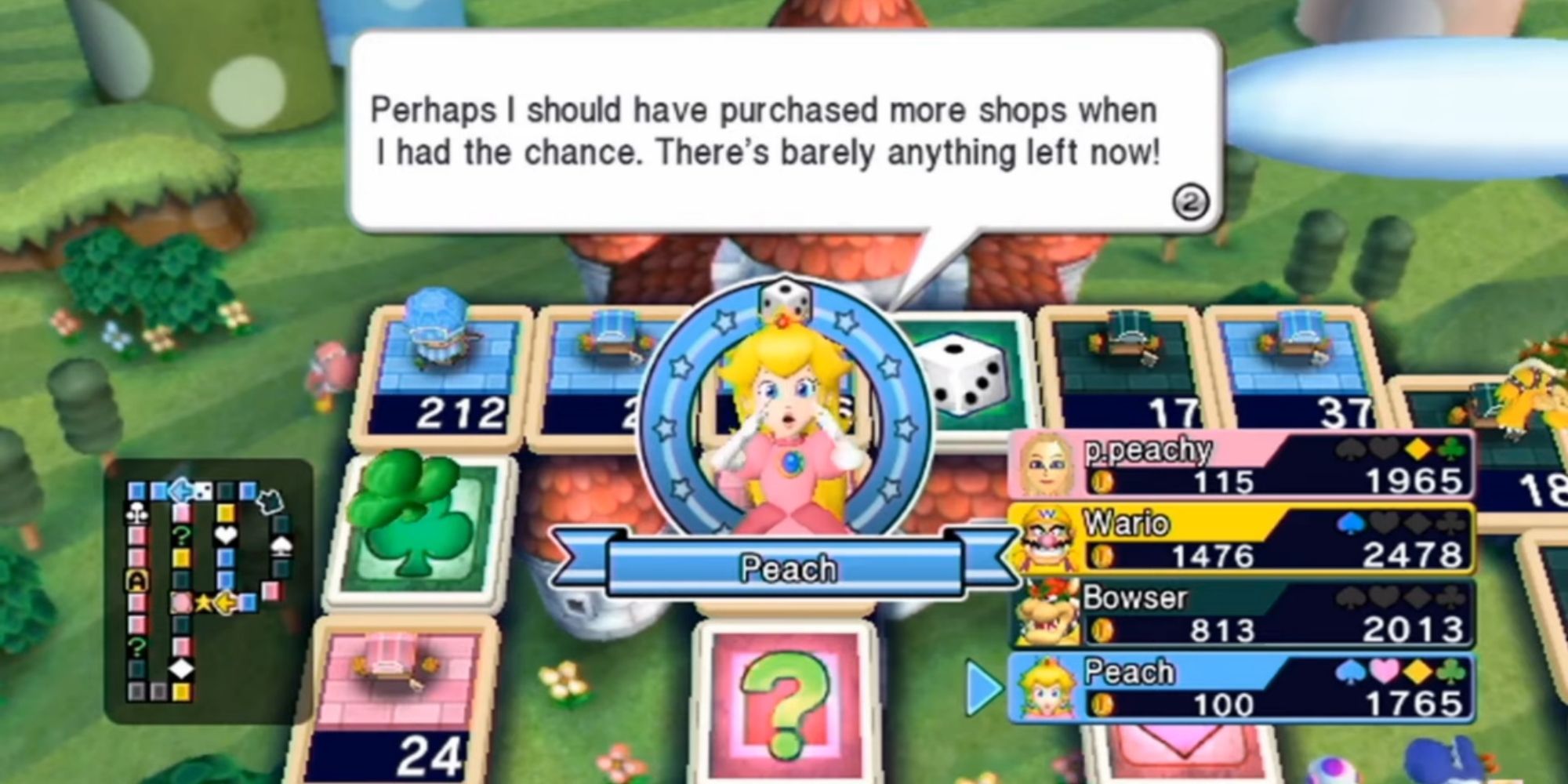 Princess Peach regrets not buying more shops on the Peach's Castle board