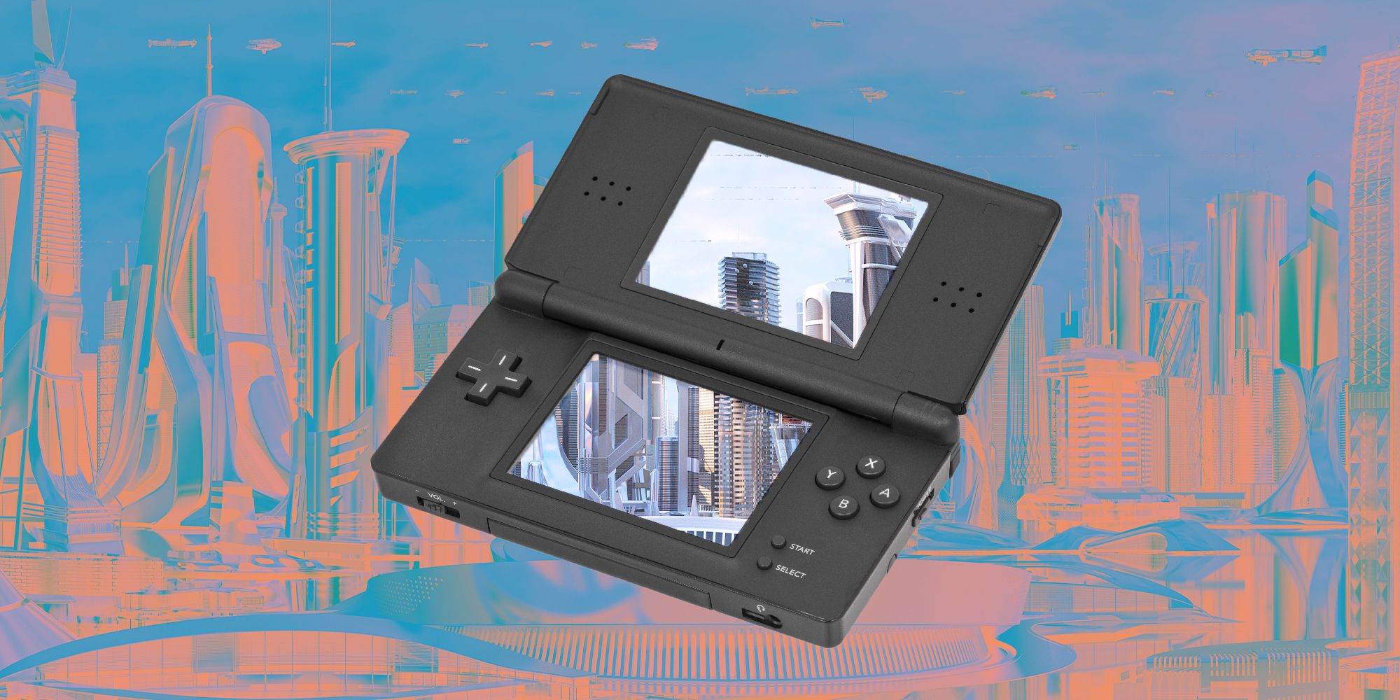 A black DS Lite against a blue and orange cityscape background.