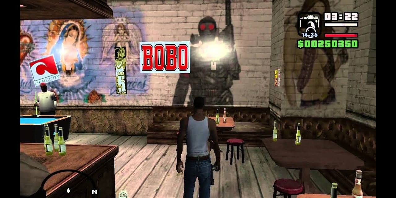 GTA San Andreas screenshot showing CJ in a bar near a pool table and a selection of images on the wall, including one of a Cerberus officer from Manhunt