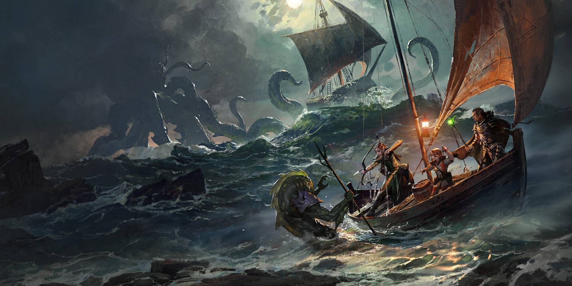 A group of adventurers battle on a stormy sea as tentacles attack a ship in the background