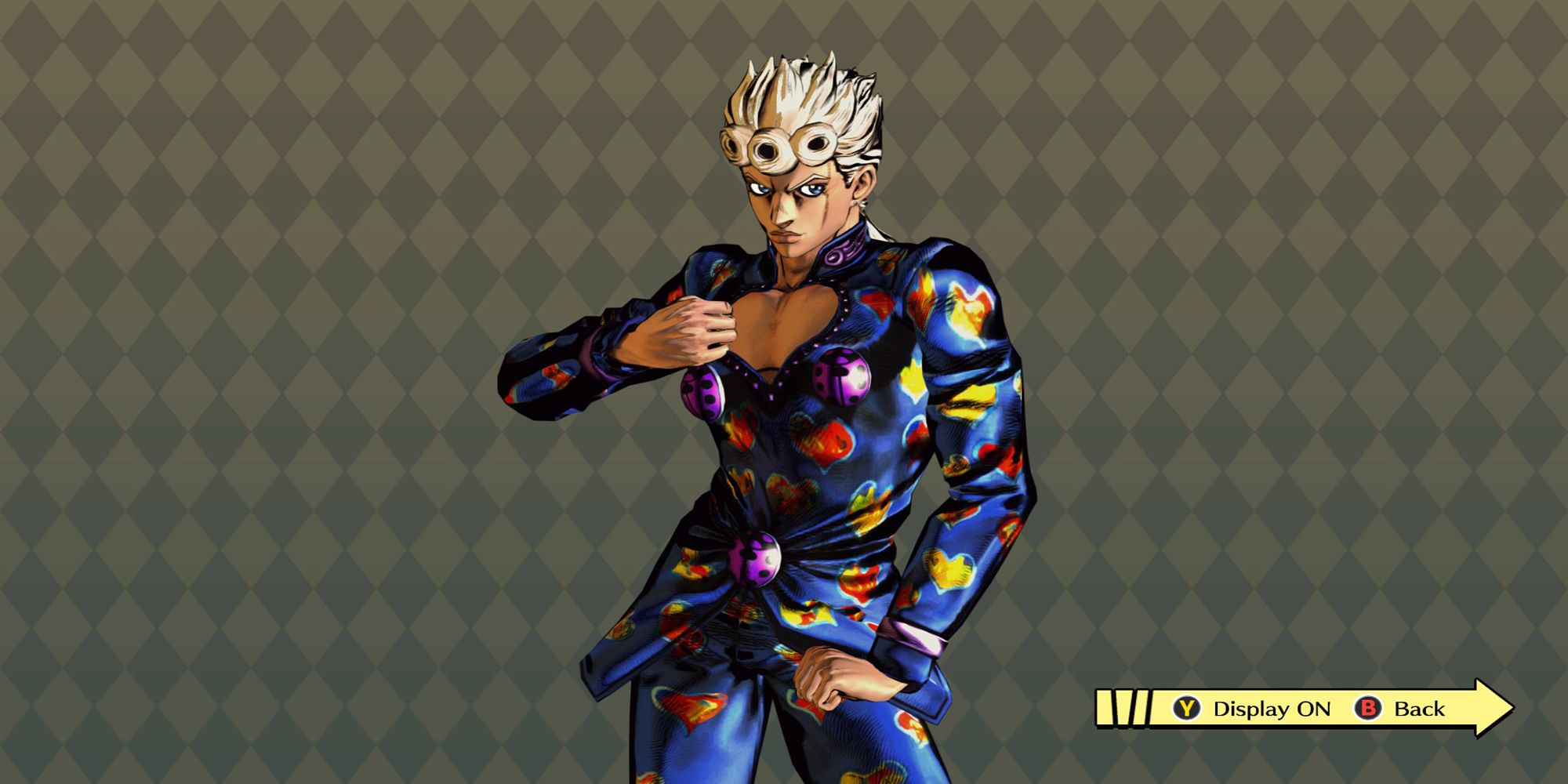 Giorno Giovanna dons sleek blue suit with colorful hearts adorning it. This outfit is unlockable after completing sixty panels in ASB Mode in JoJo's Bizarre Adventure: ASBR.