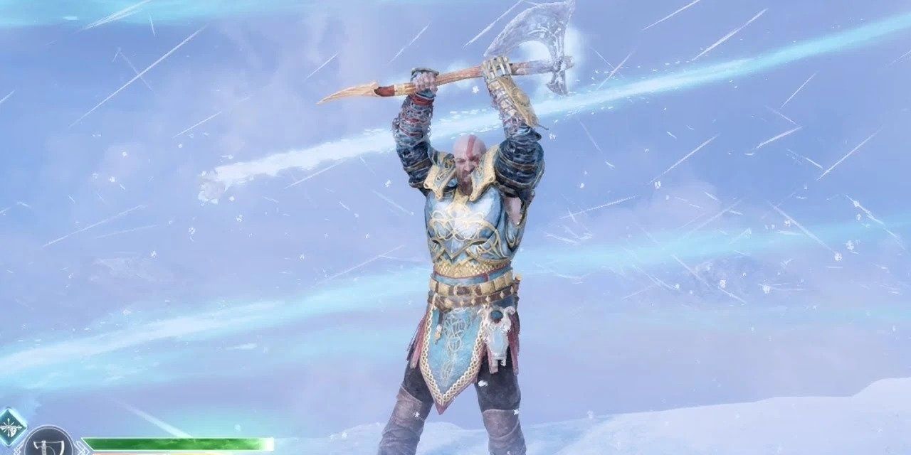 Kratos with his axe raised in the sky and frozen bolts flying besides him
