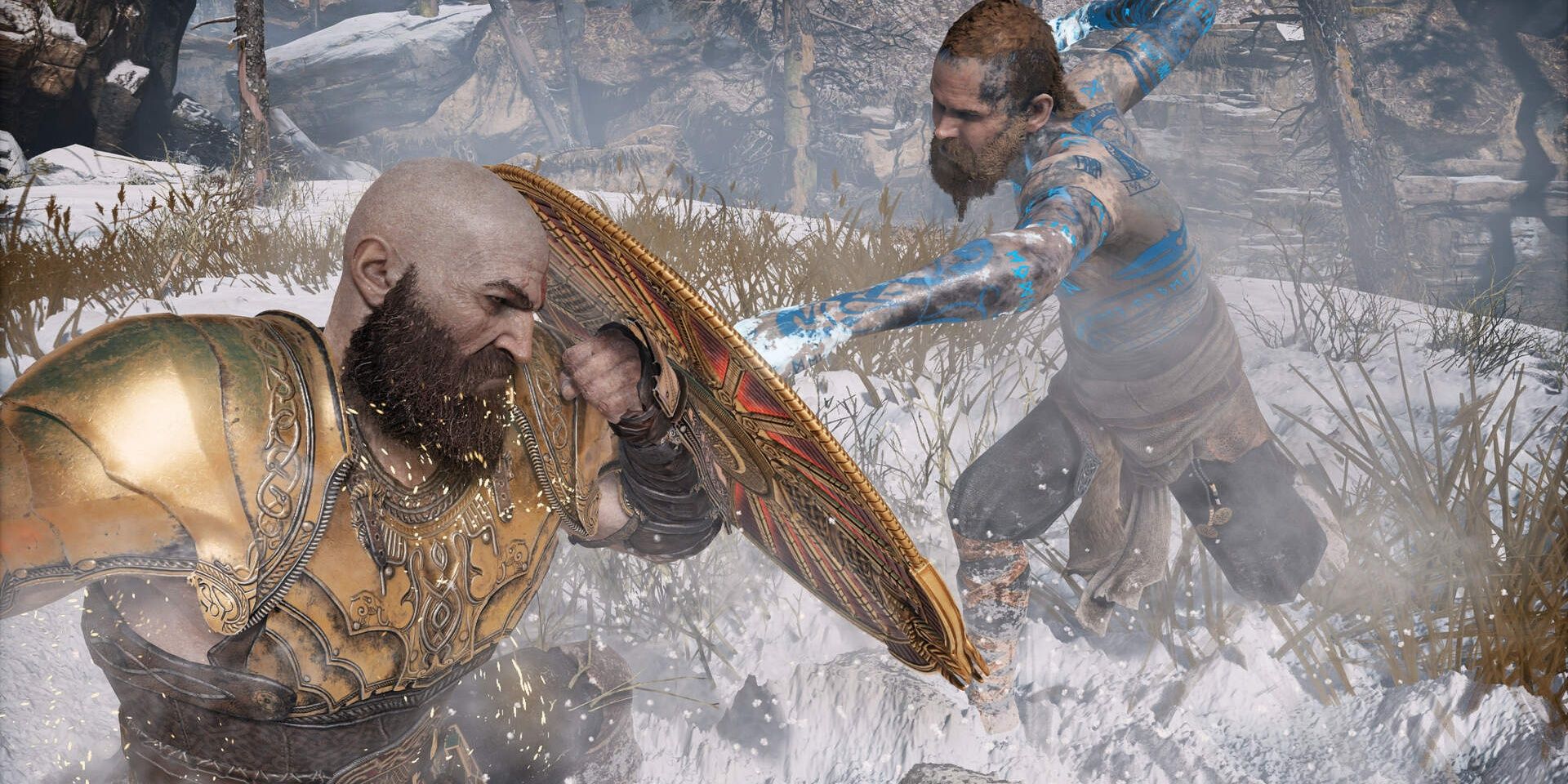 Kratos in a defensive stance with his shield against Baldur