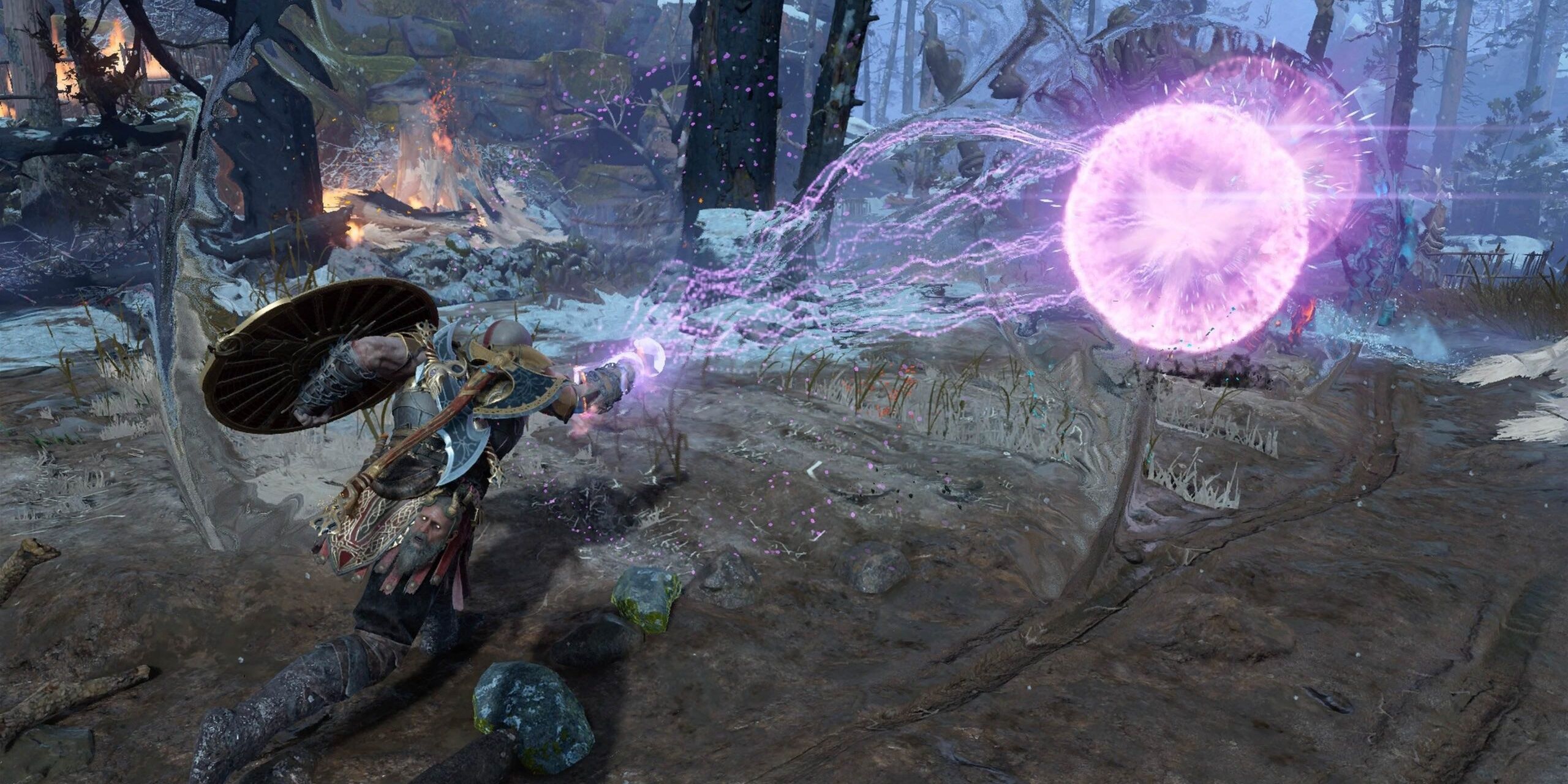 Wide angle of Kratos firing off an orb from the Shattered Gauntlet of Ages