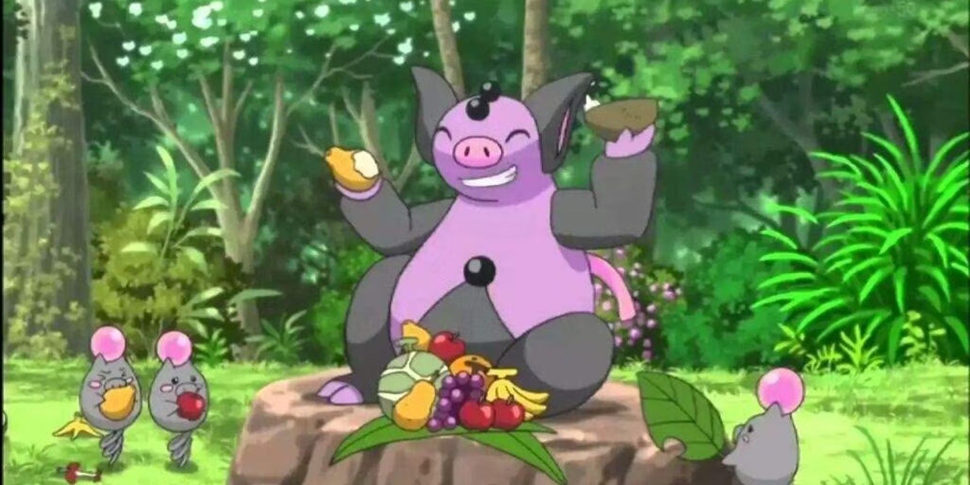 Grumpig from the anime eating food and looking happy with Spoing around it