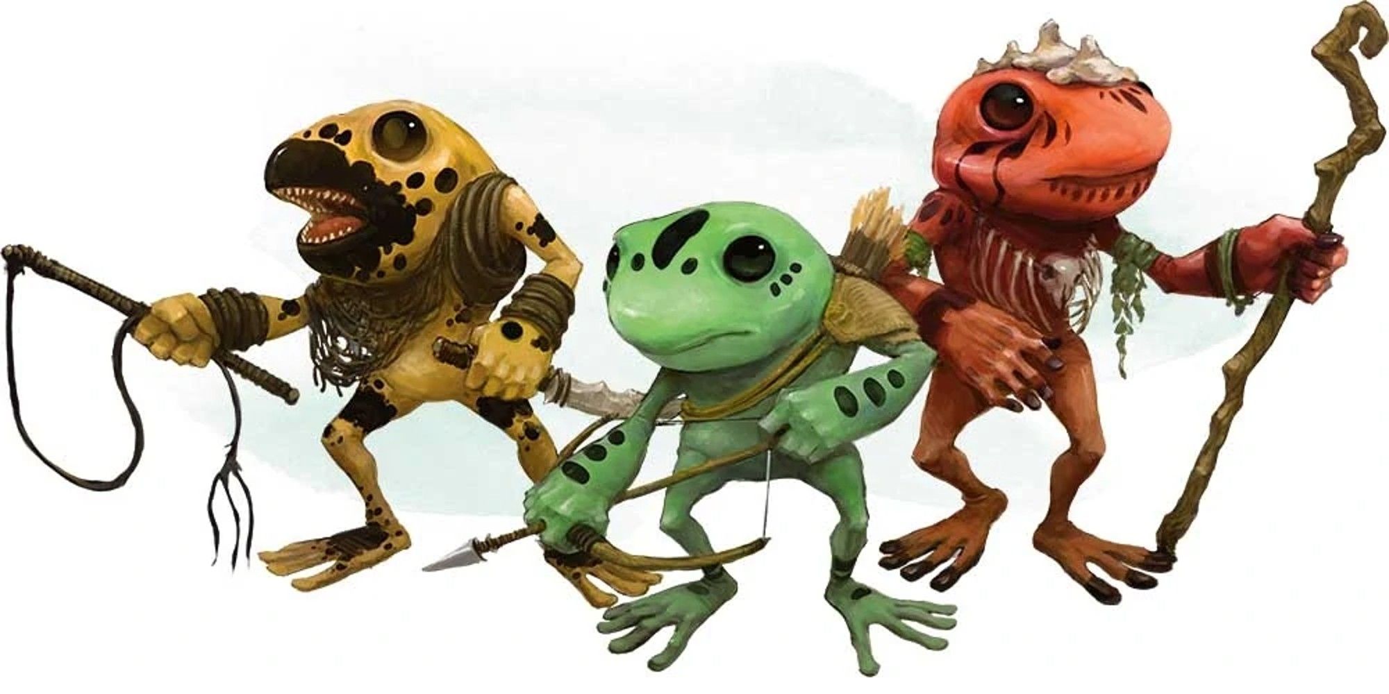 Grung from Dungeons & Dragons, including yellow, green and red variants with different tools, official WotC art 