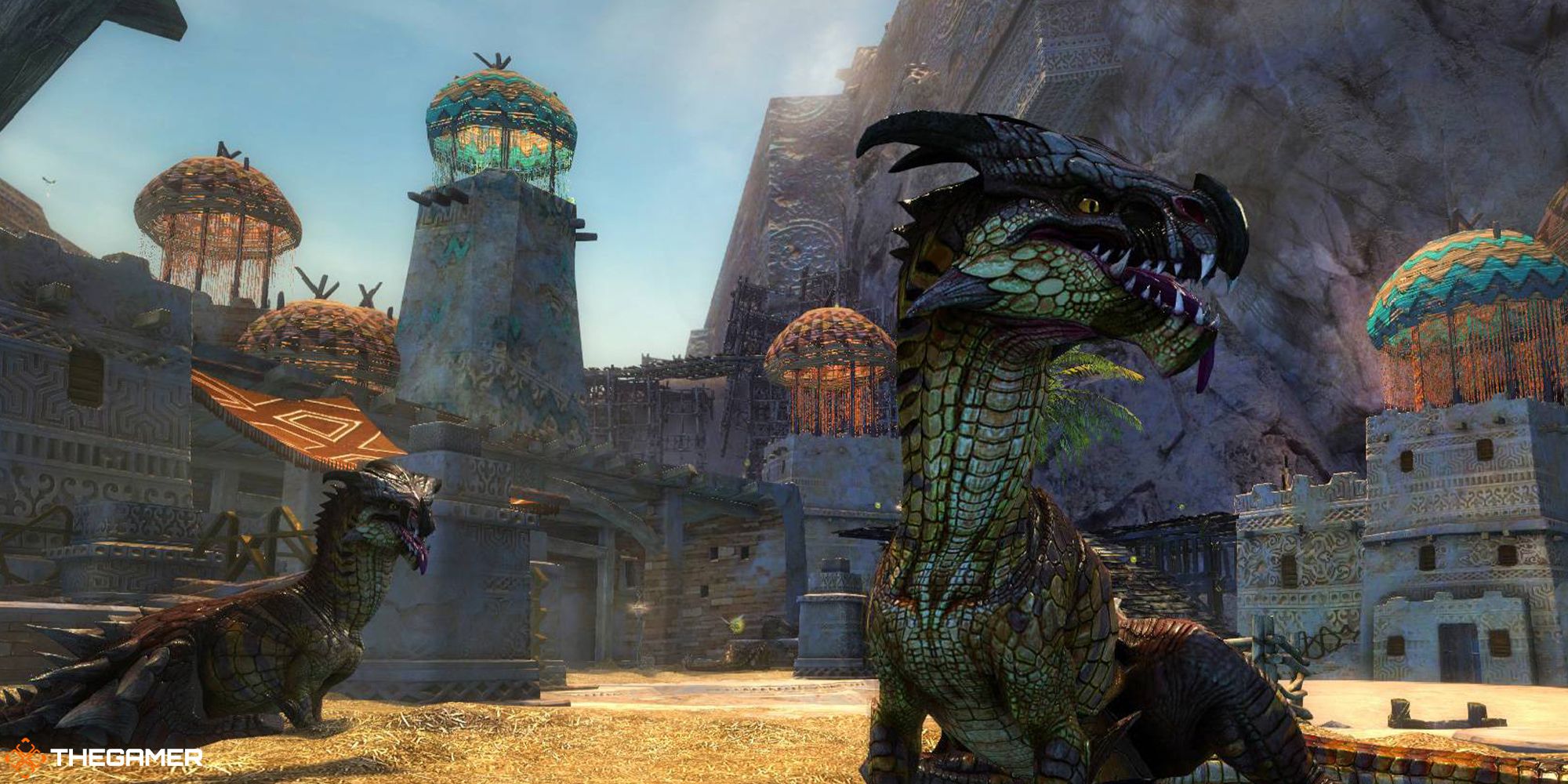 Guild Wars 2 - promo shot of Raptors in the Crystal Desert for the Path of Fire expansion