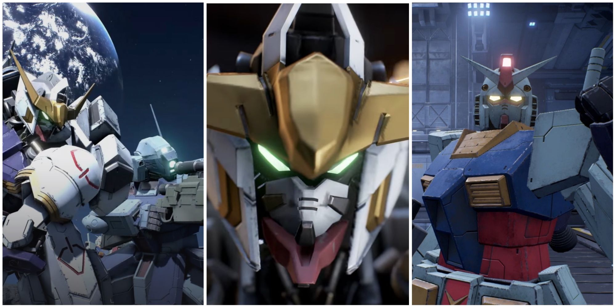 Gundam Barbatos, GM Sniper II, and Gundam RX-78 in Gundam Evolution