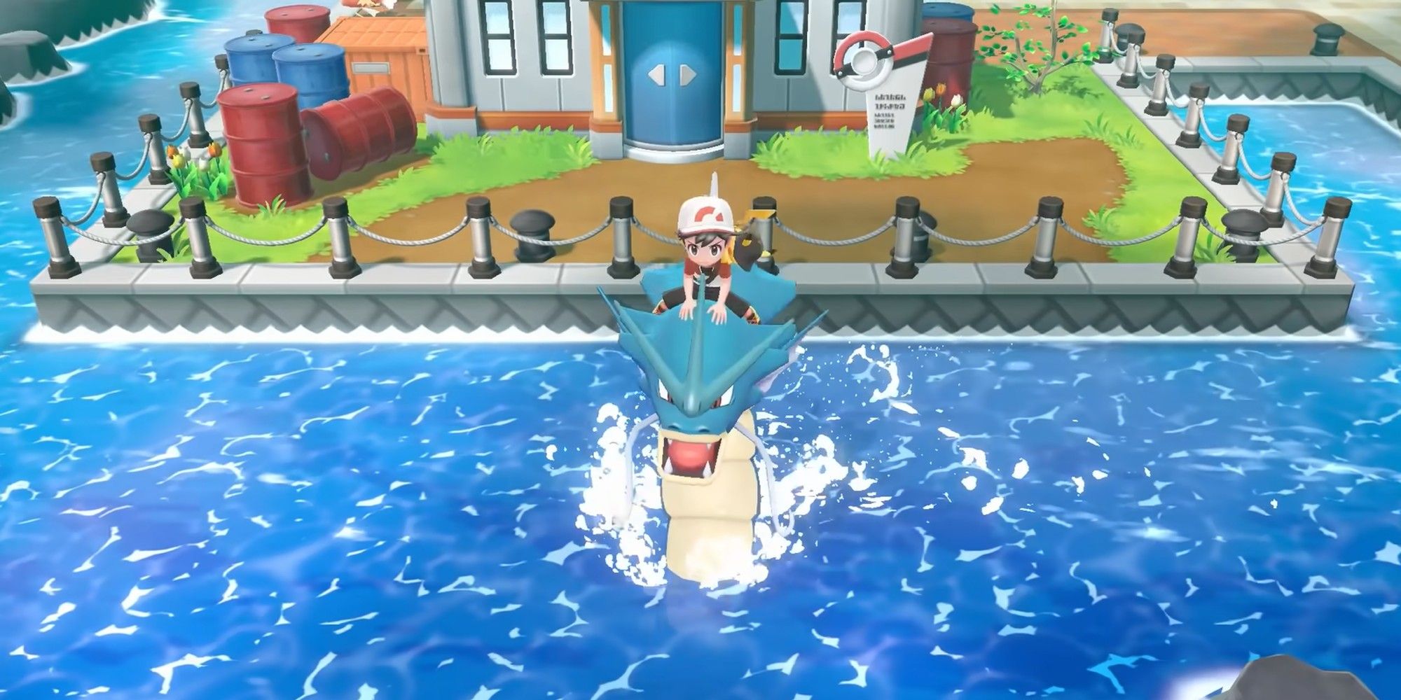 Gyarados from Pokemon Let's Go Eevee & Let's Go Pikachu, looking at the camera swimming near Vermillion City